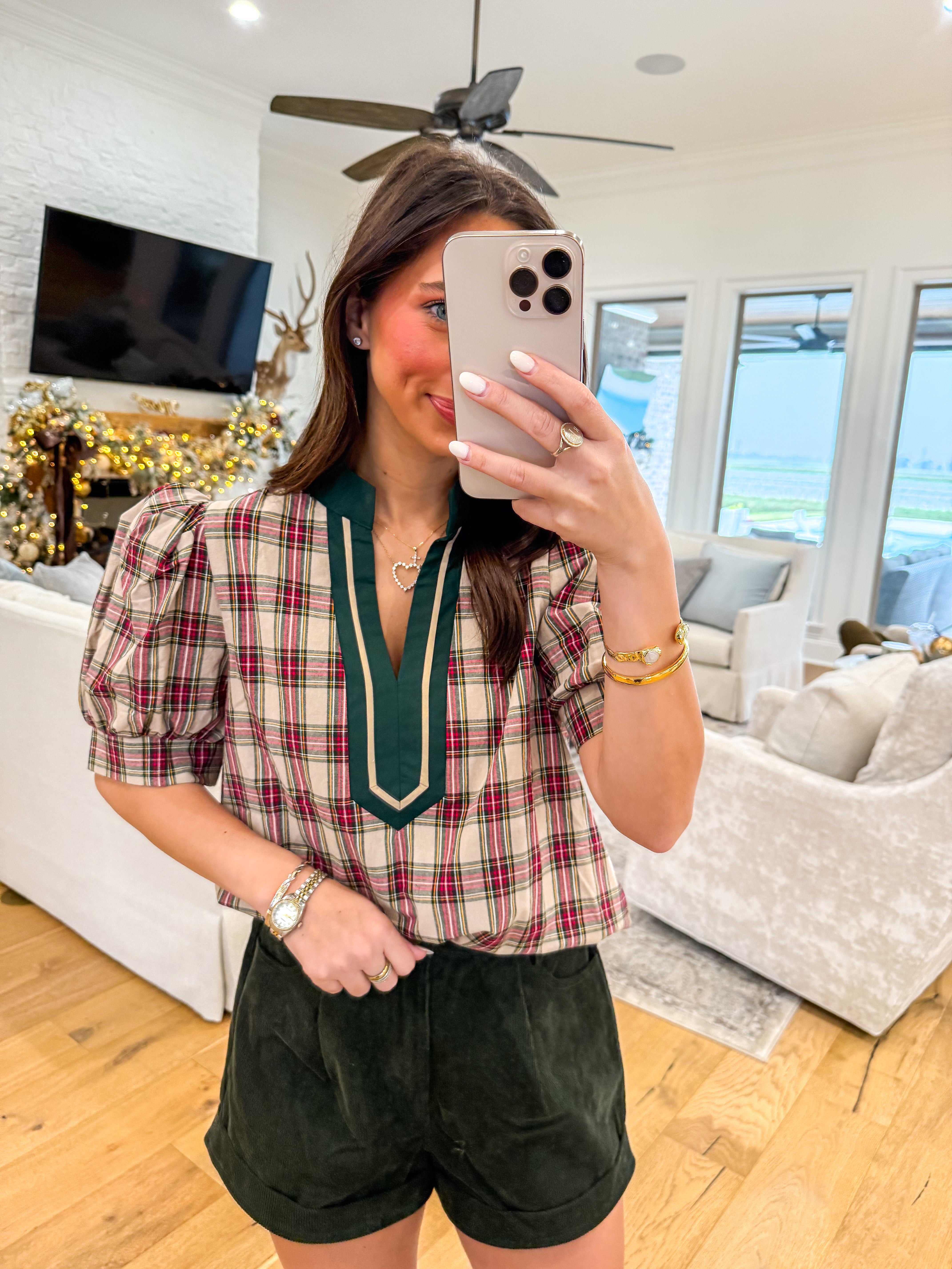 Holiday Hearth Taupe Plaid Blouse