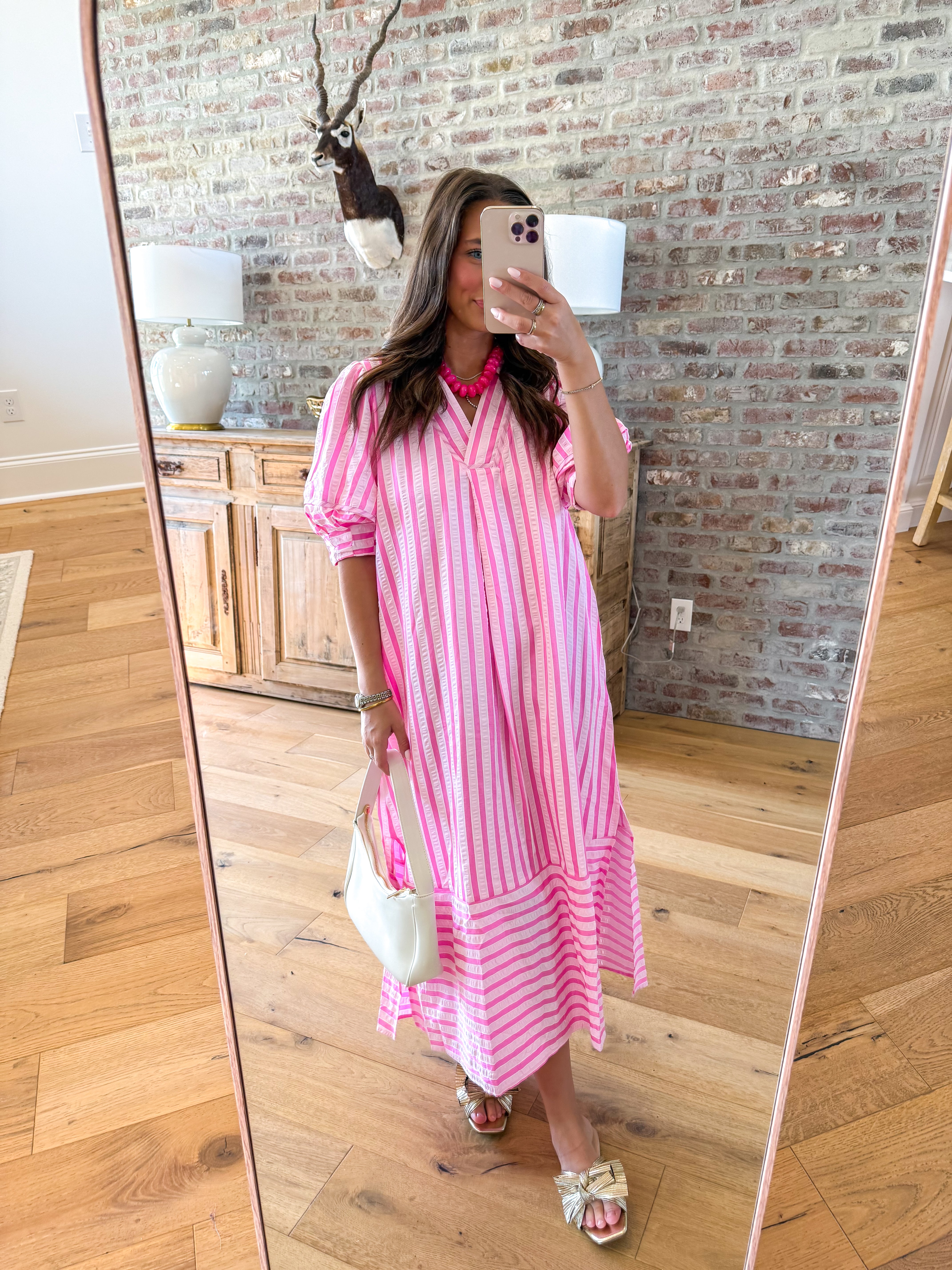 Coastal Stripe Puff Sleeve Midi Peony