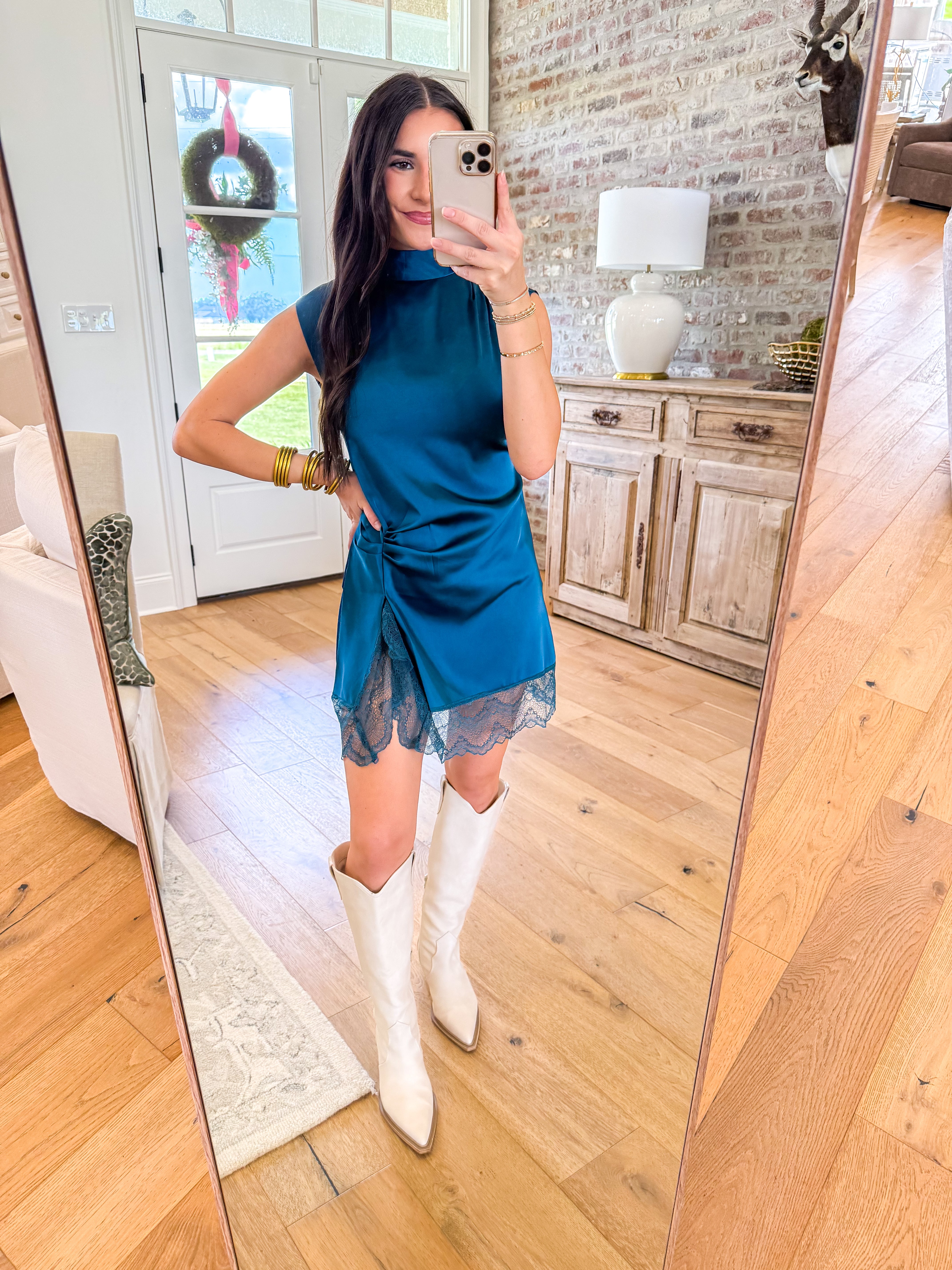 Midnight Satin High-Neck Mini Dress Teal