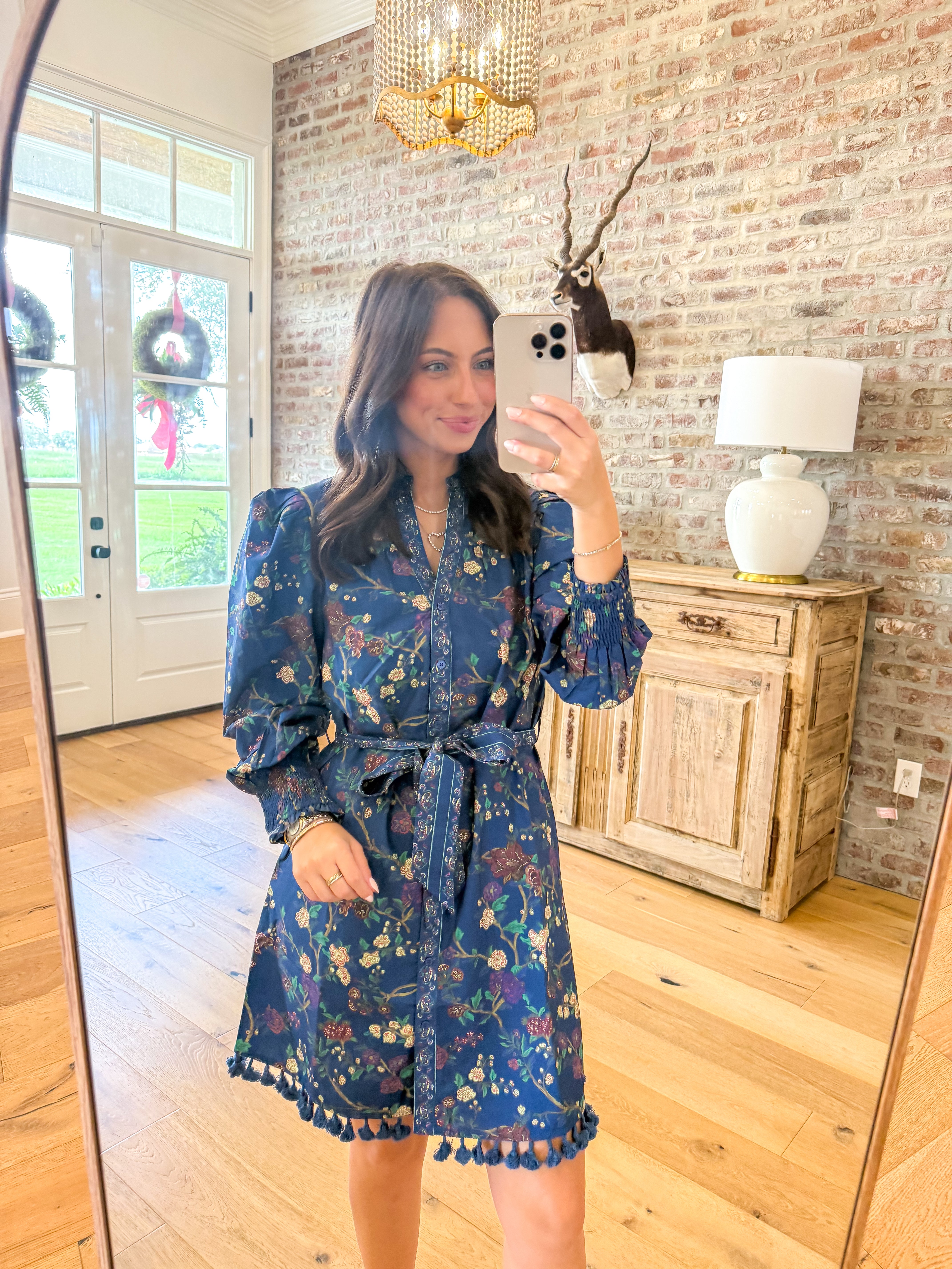 Floral Print Tassel Trim Belted Mini Dress
