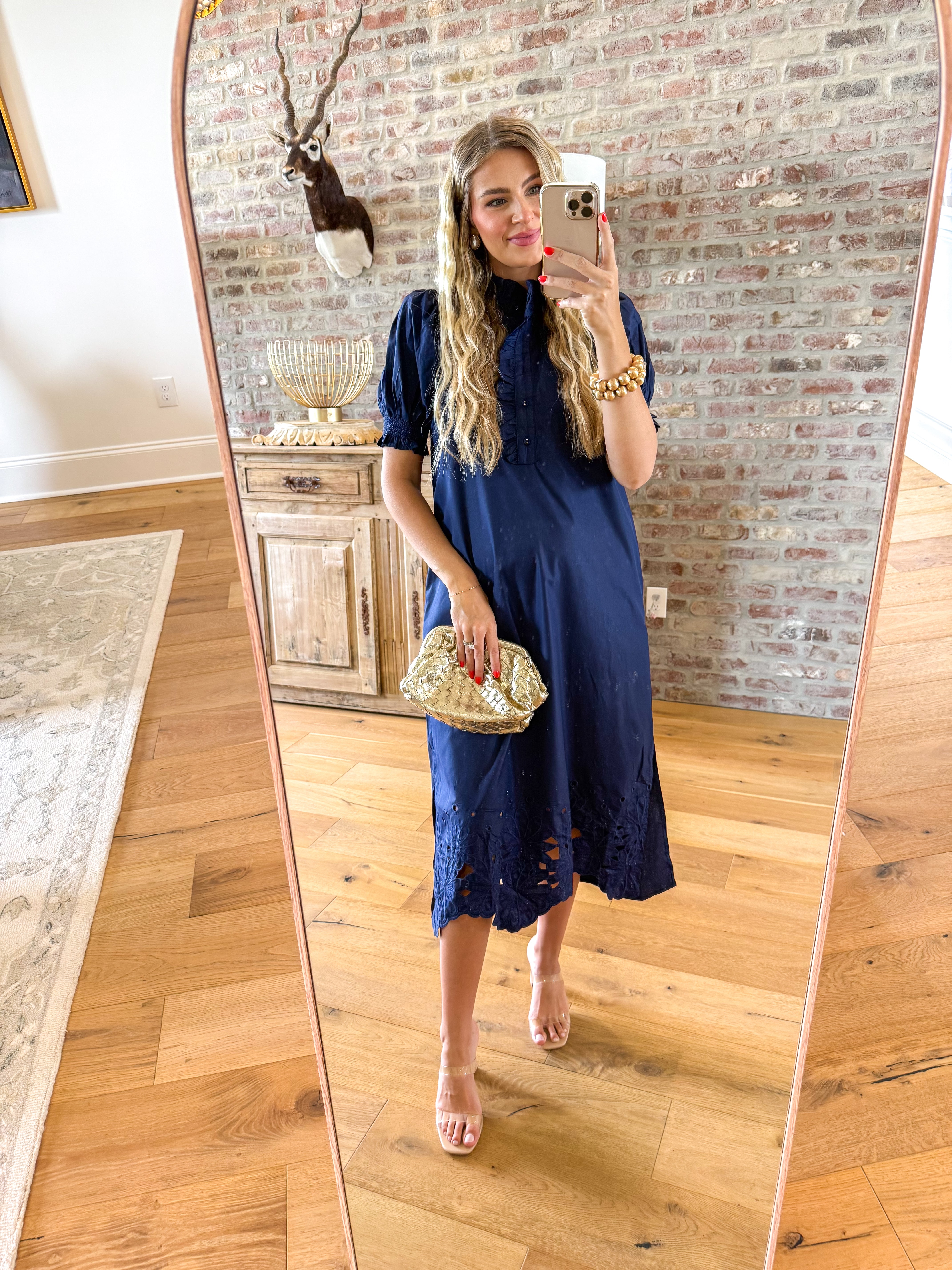 Navy Ruffle Embroidered Midi