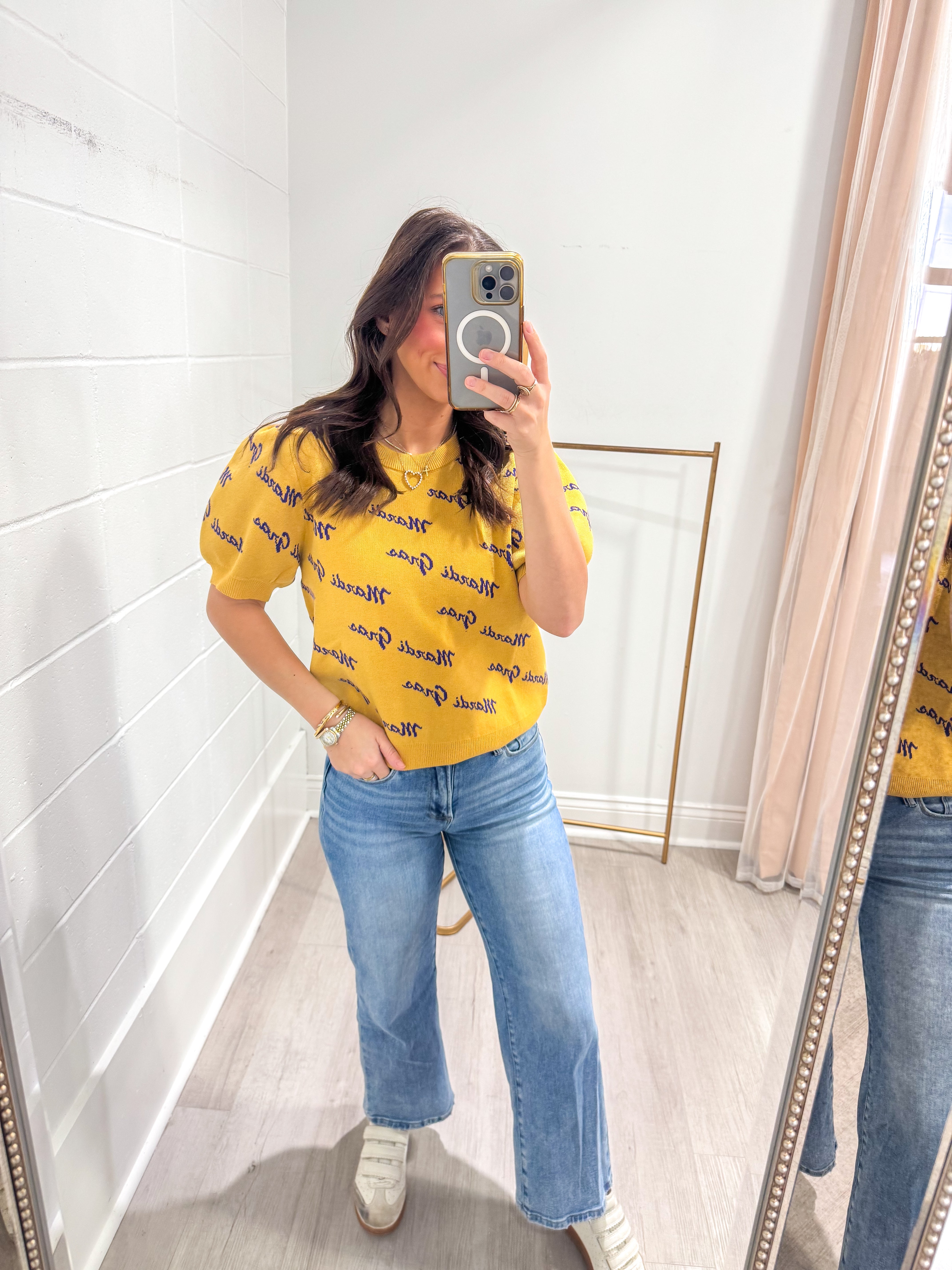 Mardi Gras Words Yellow Puff Sleeve Top