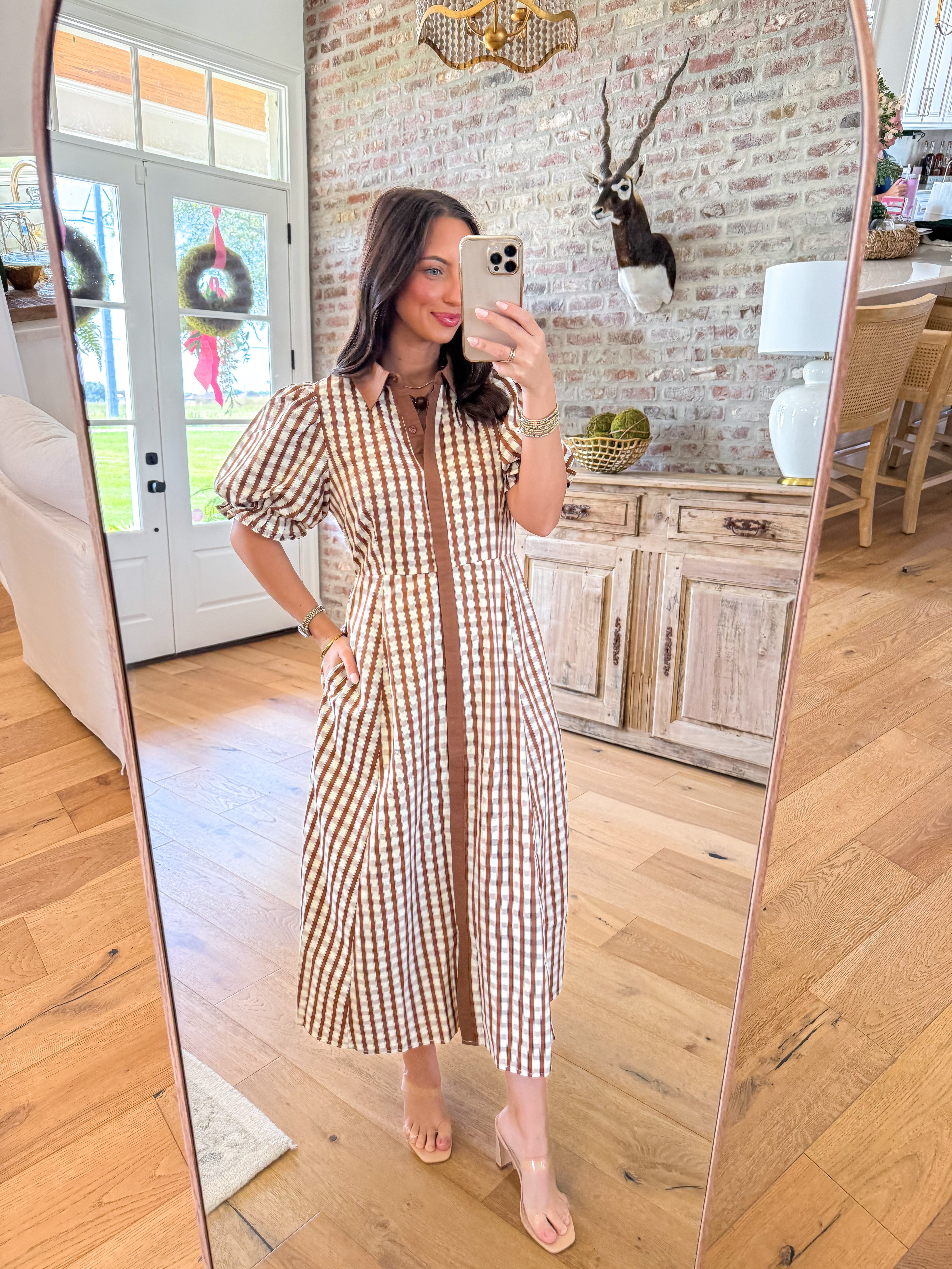 Brown Gingham Charm Midi Shirt Dress
