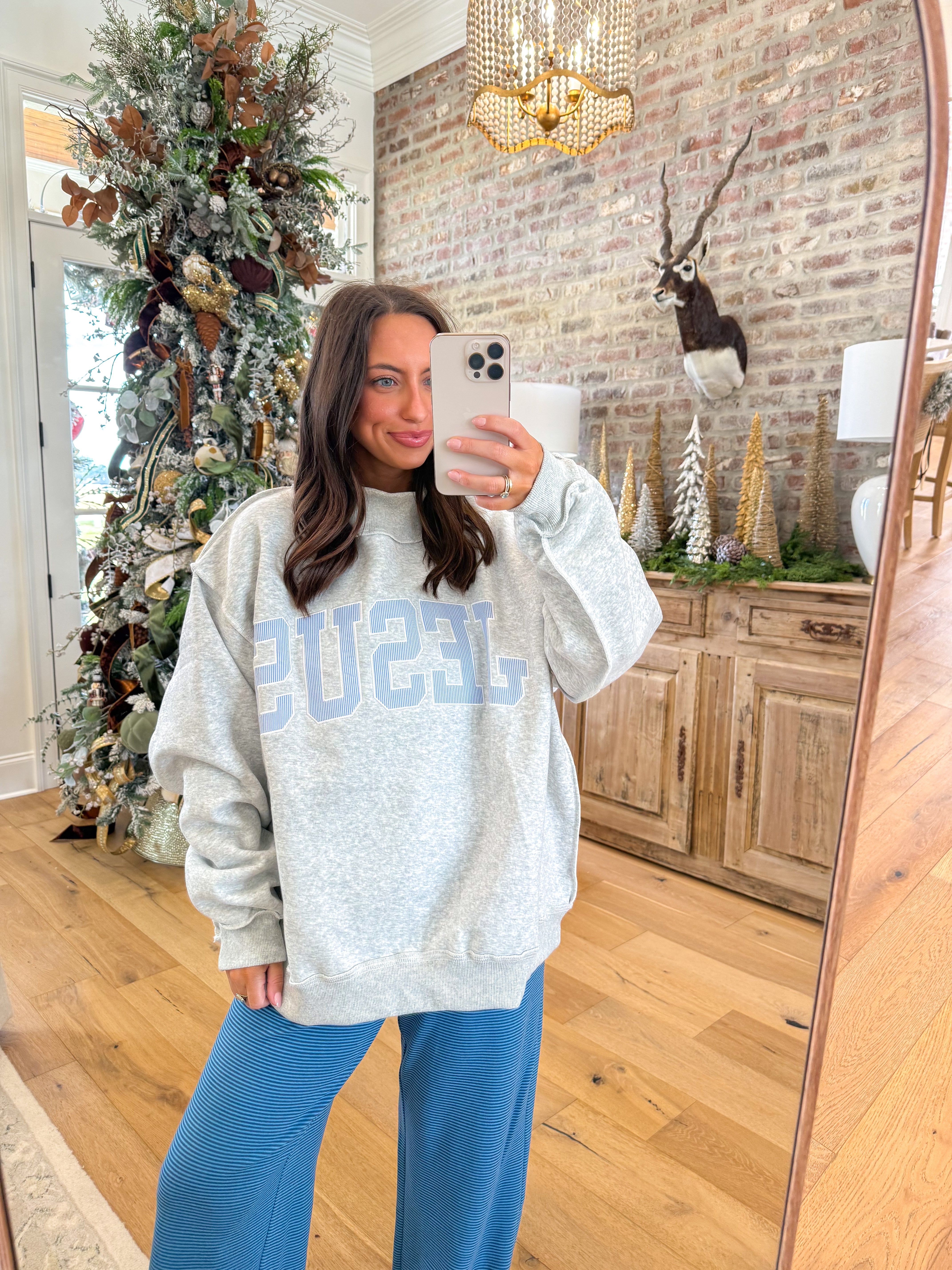 Blessed & Cozy Jesus Blue Striped Sweatshirt