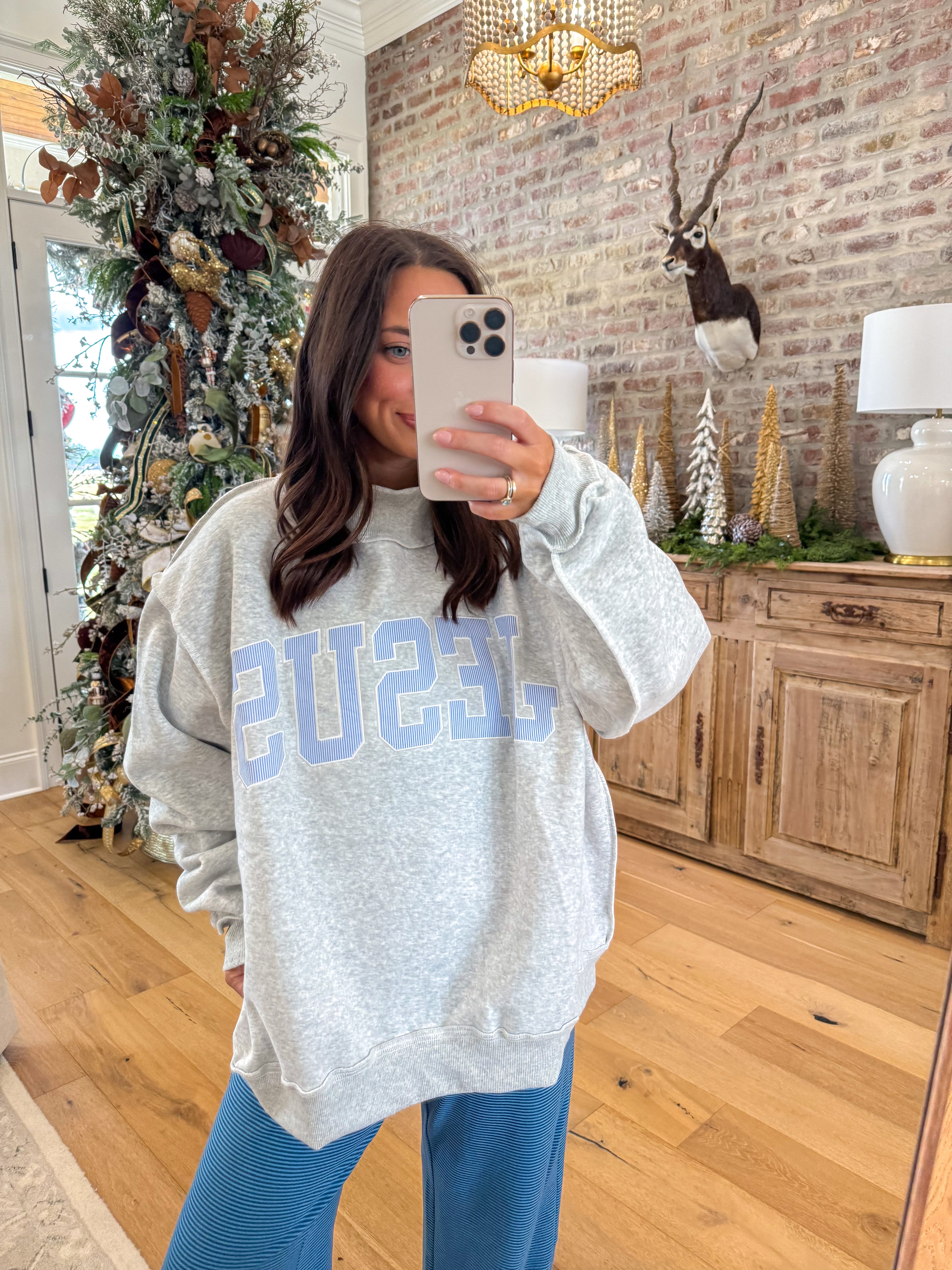 Blessed & Cozy Jesus Blue Striped Sweatshirt