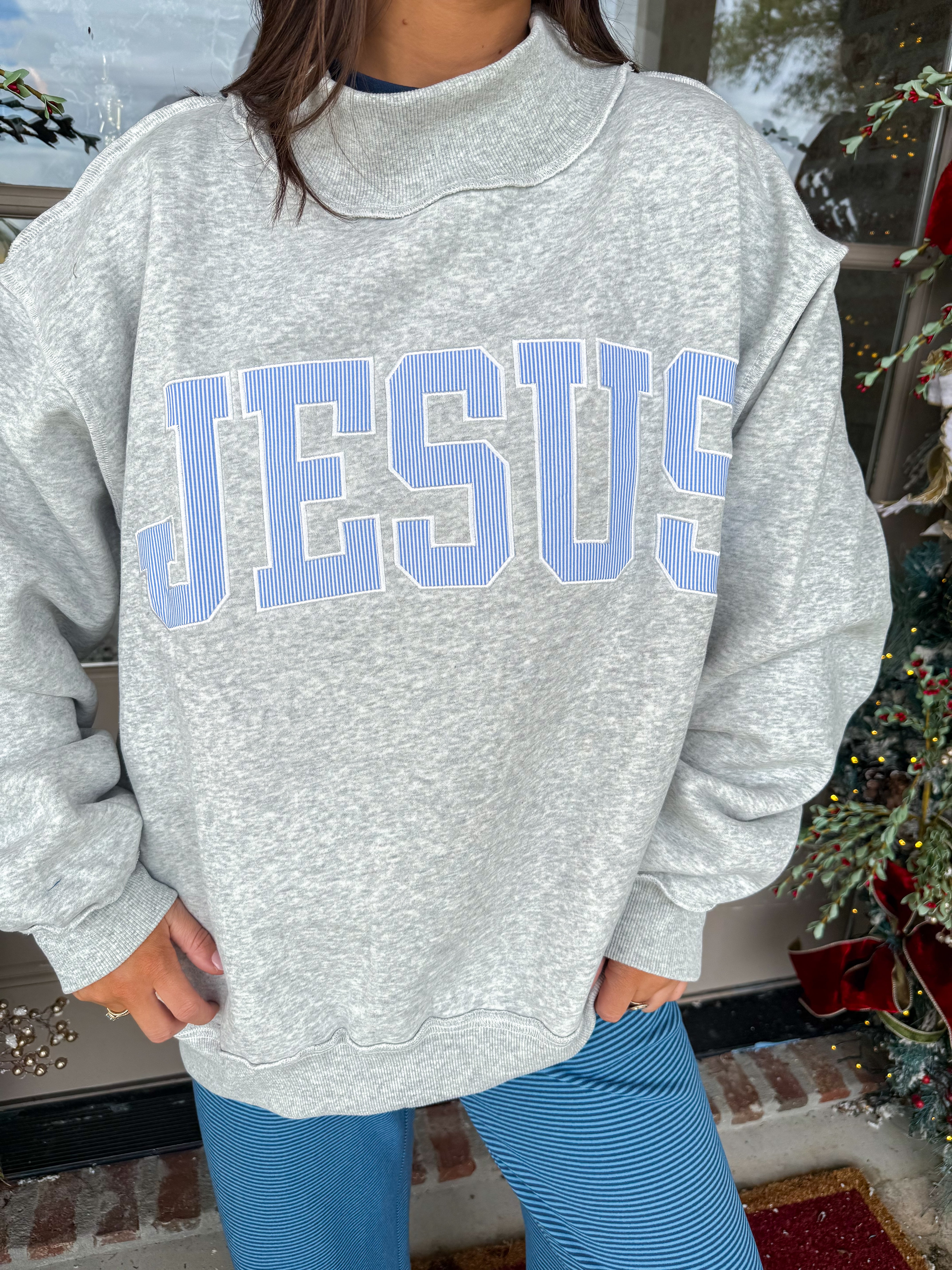 Blessed & Cozy Jesus Blue Striped Sweatshirt
