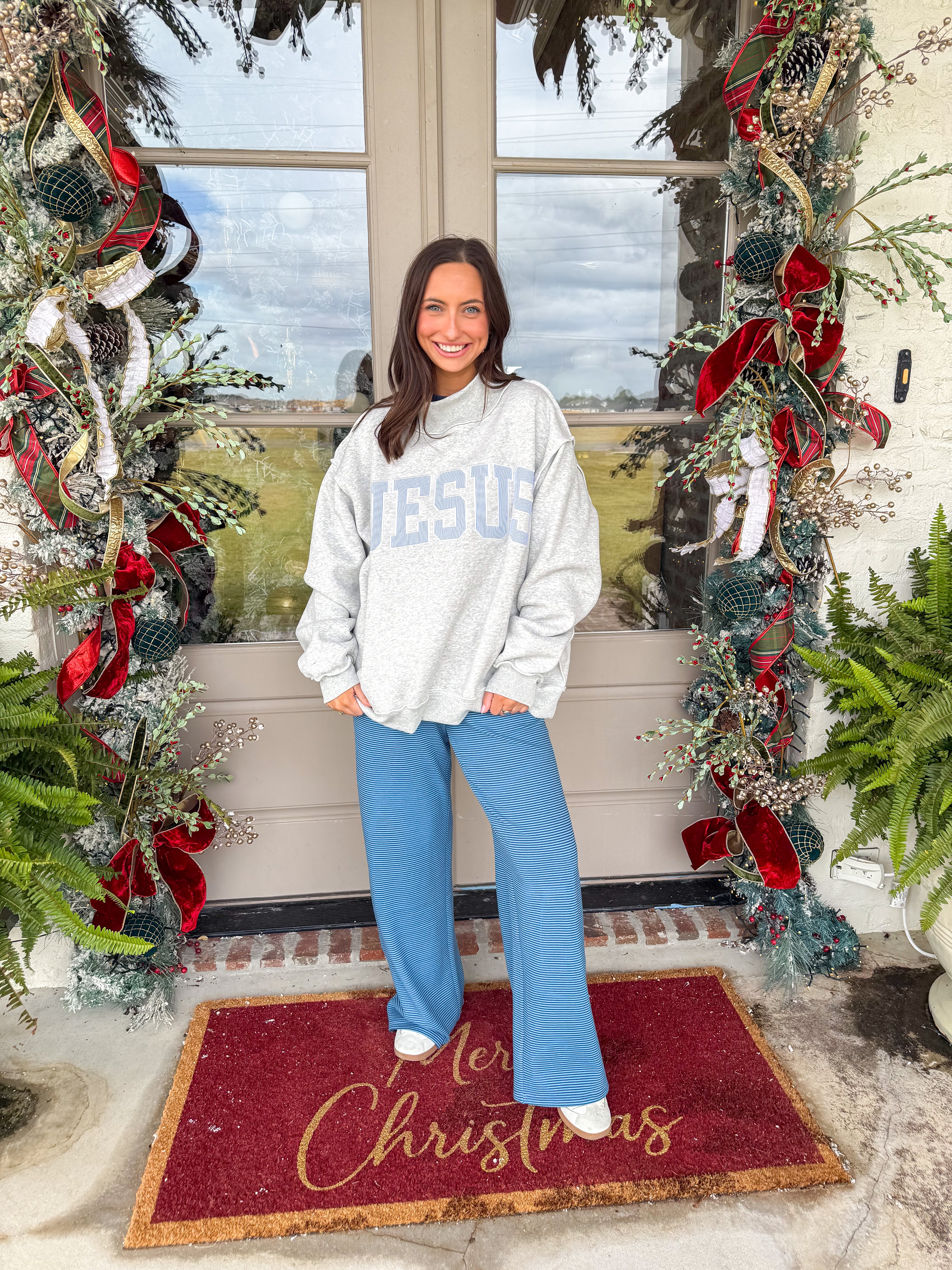 Blessed & Cozy Jesus Blue Striped Sweatshirt