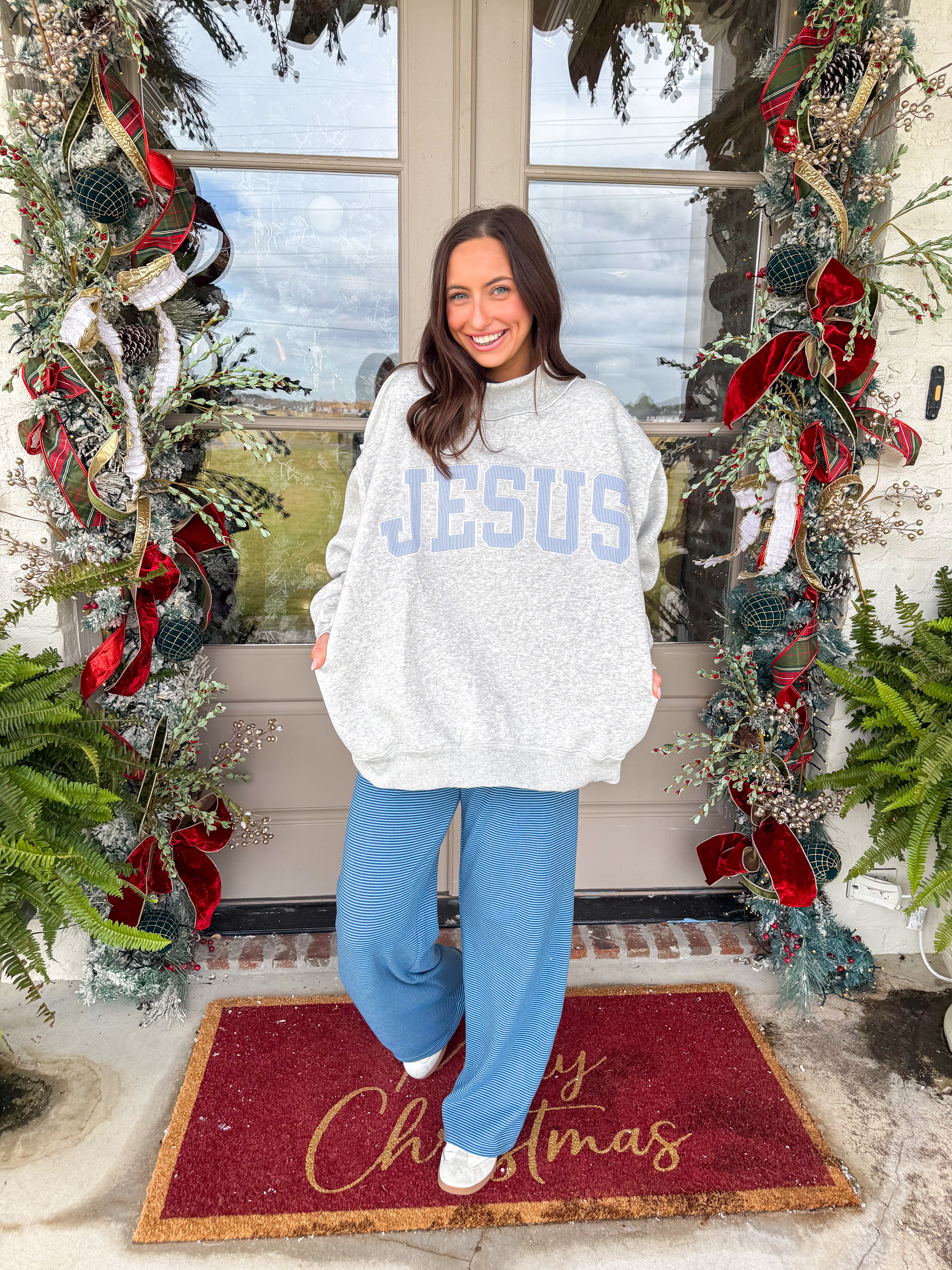 Blessed & Cozy Jesus Blue Striped Sweatshirt