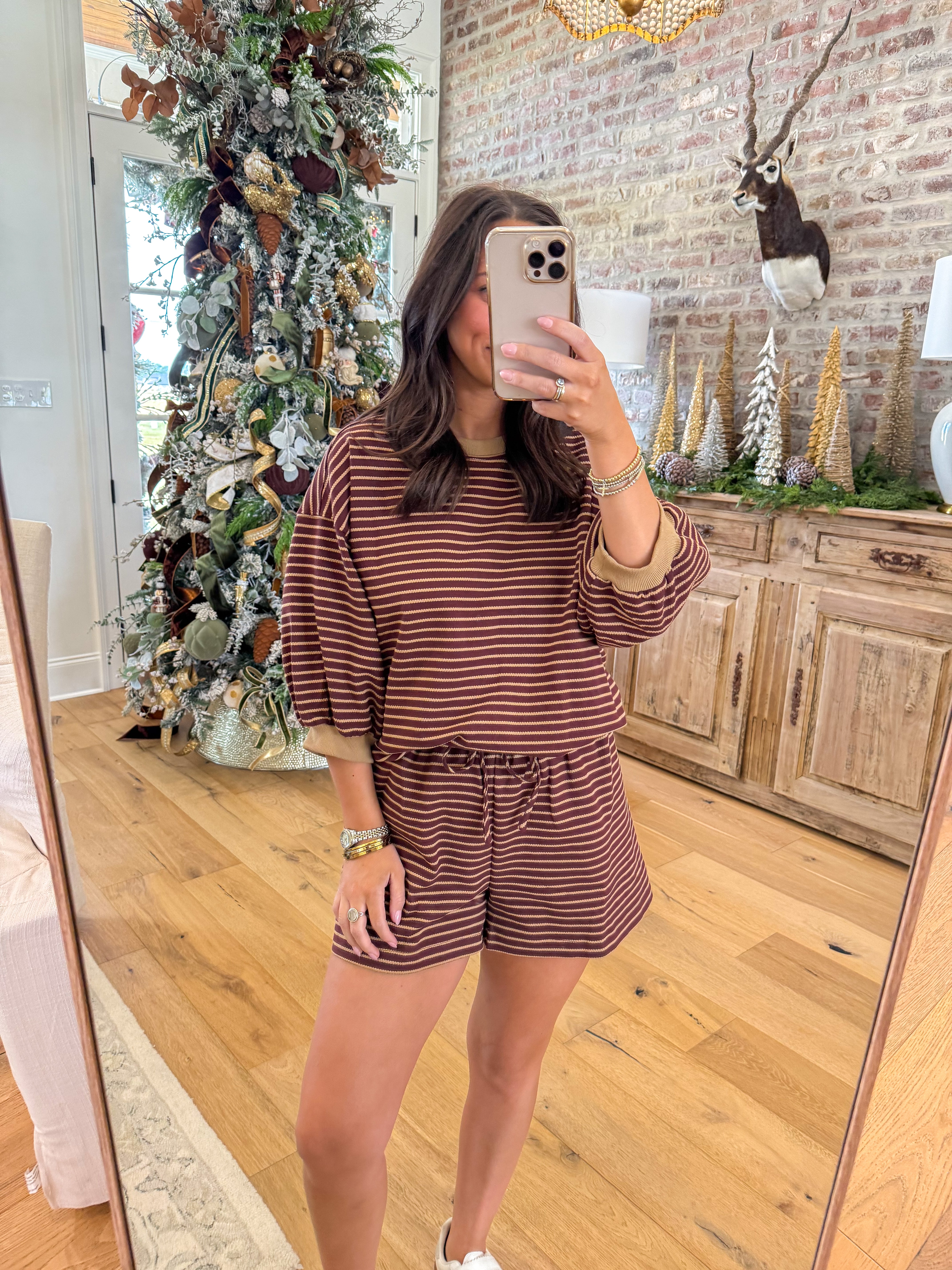 Brown Stripe Bubble Sleeve Lounge Set