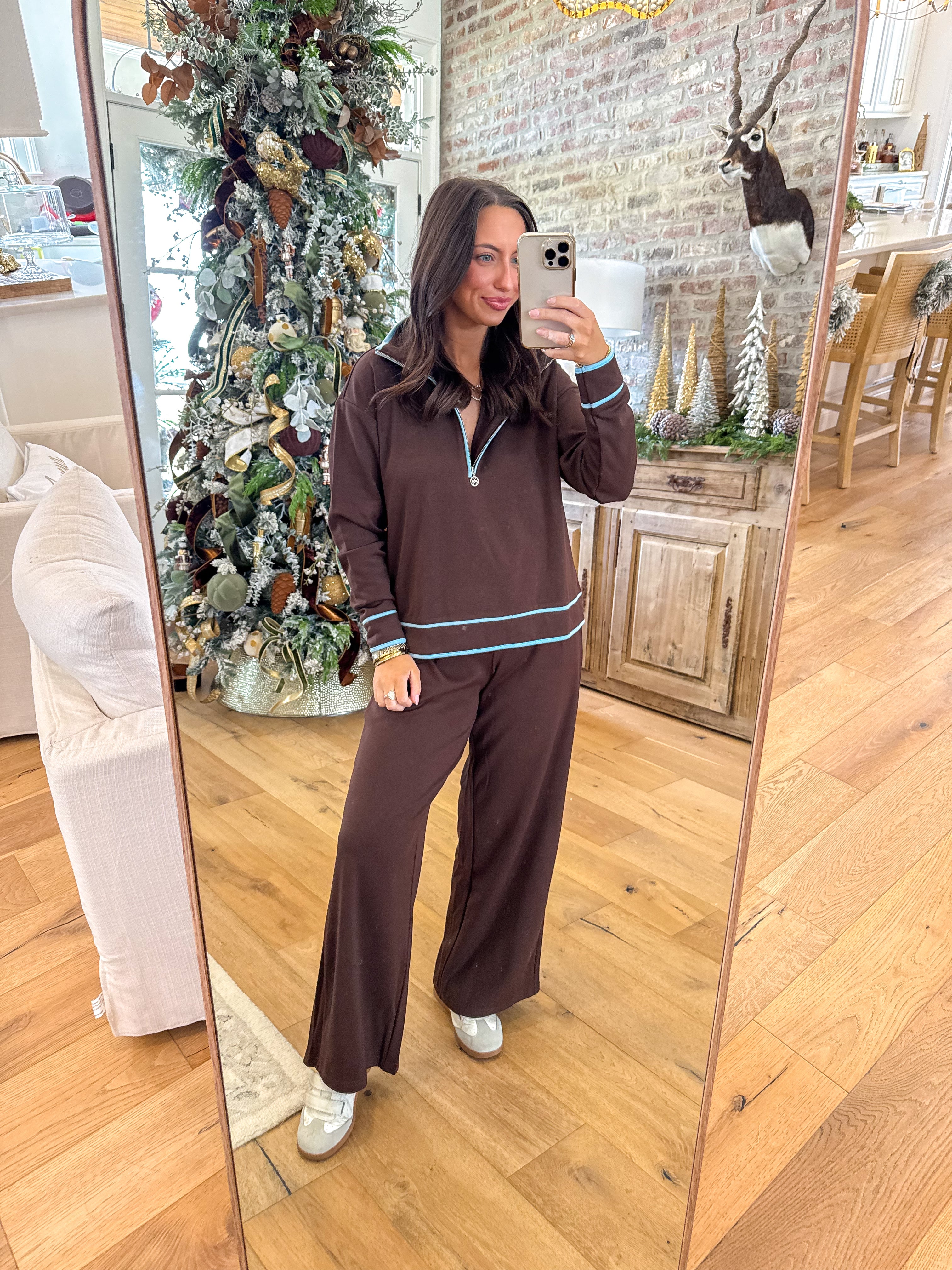 Chocolate & Blue Quarter-Zip Lounge Set