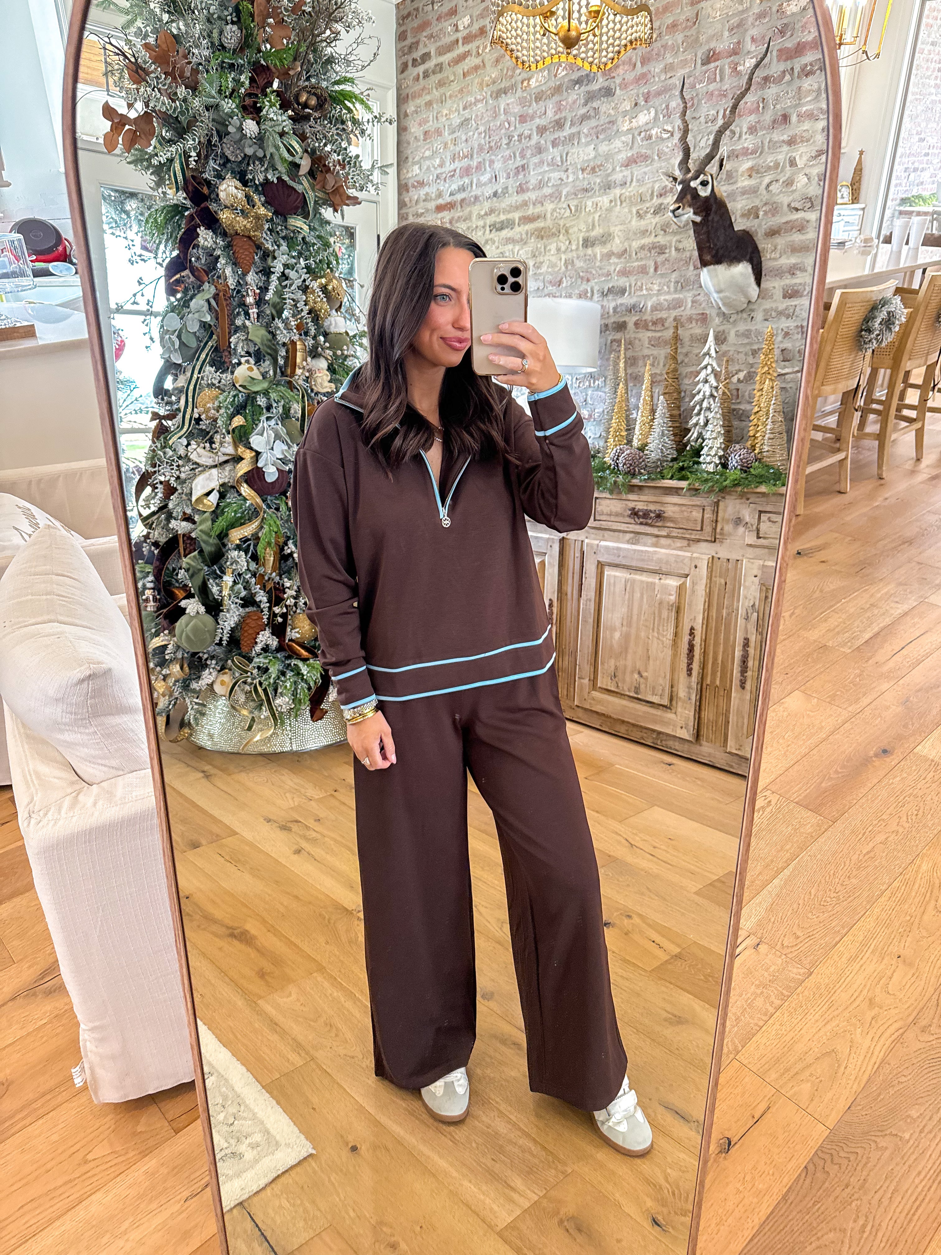 Chocolate & Blue Quarter-Zip Lounge Set