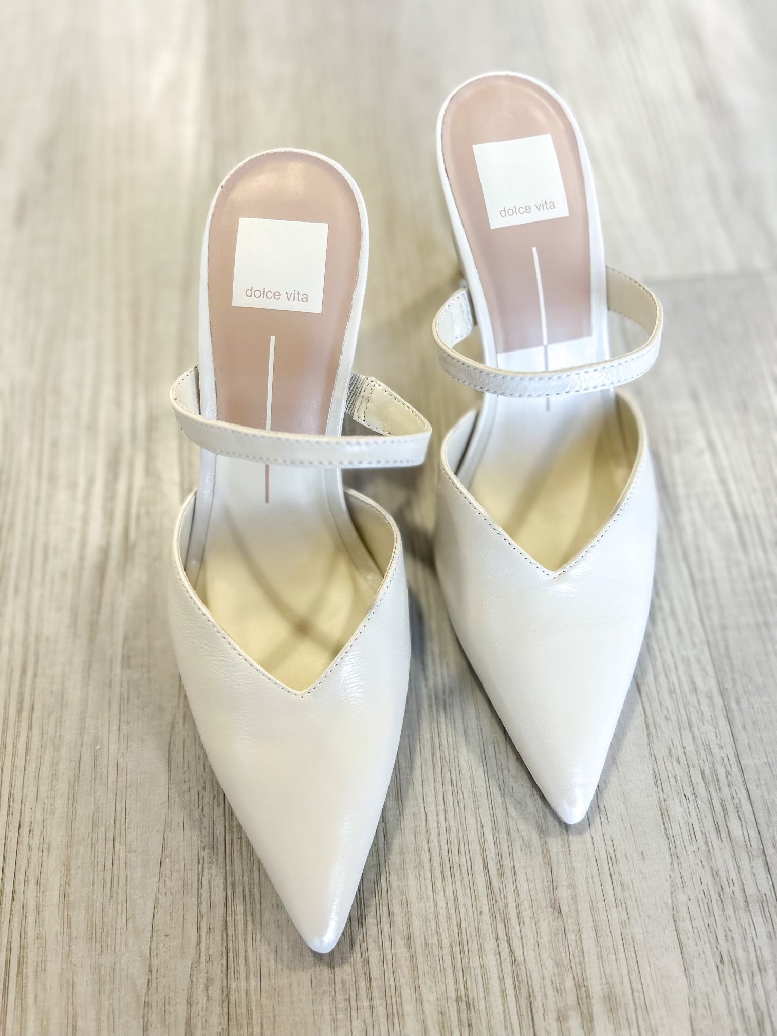 Kanika White Crinkle Patent Heels