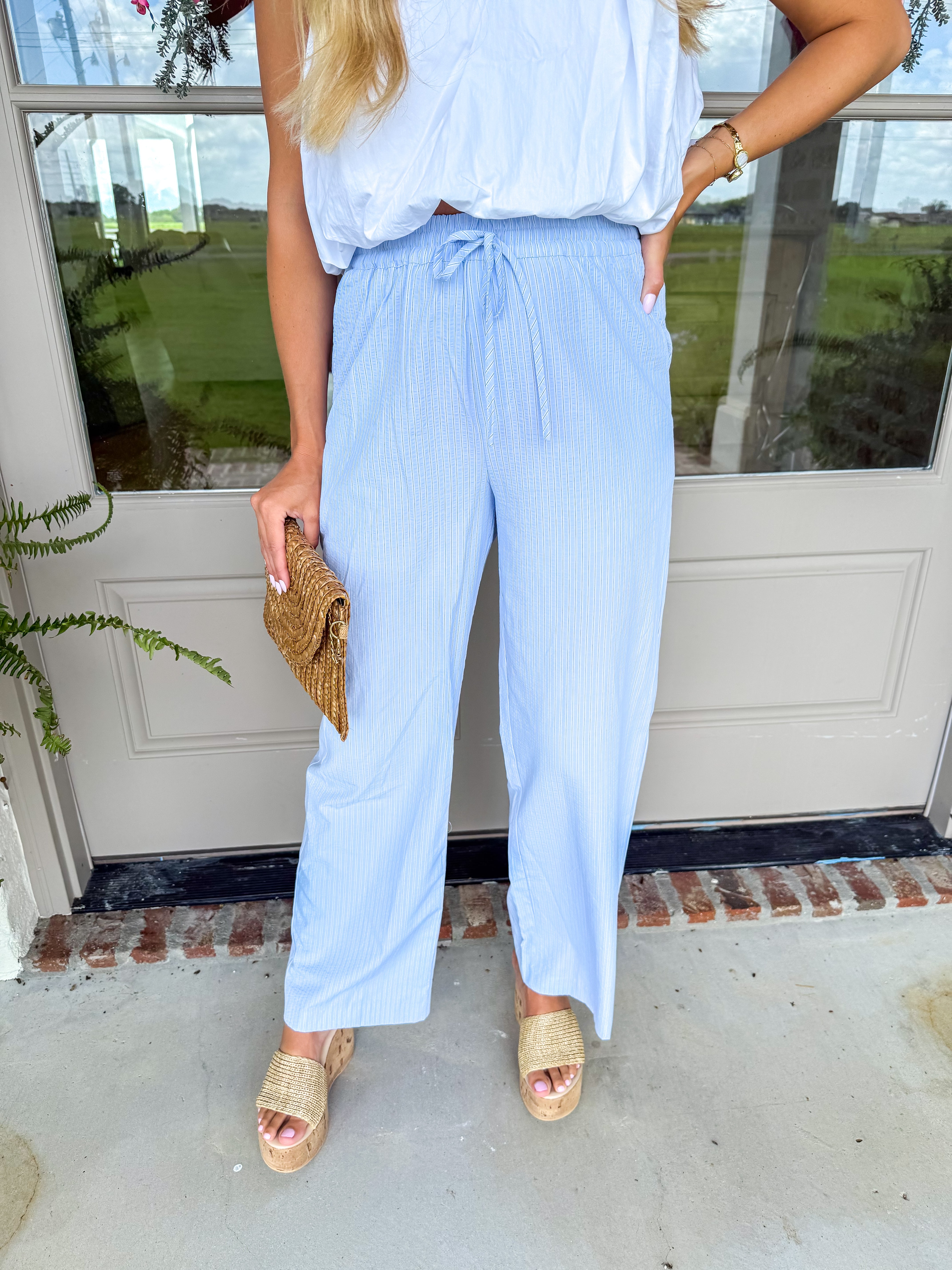 Deni Blue Textured Striped Drawstring Pants