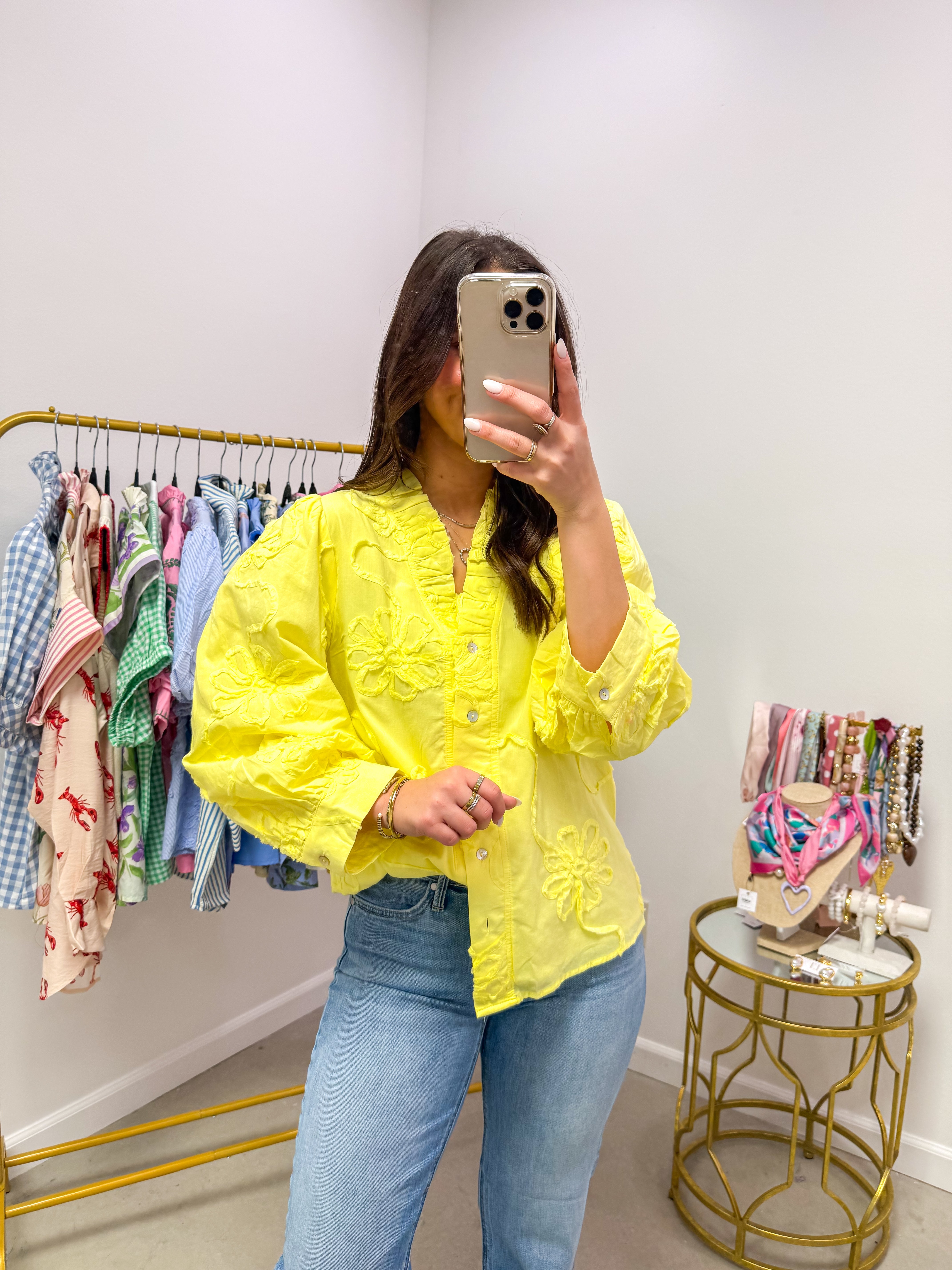 Sunshine Button-Down Floral Embossed Blouse