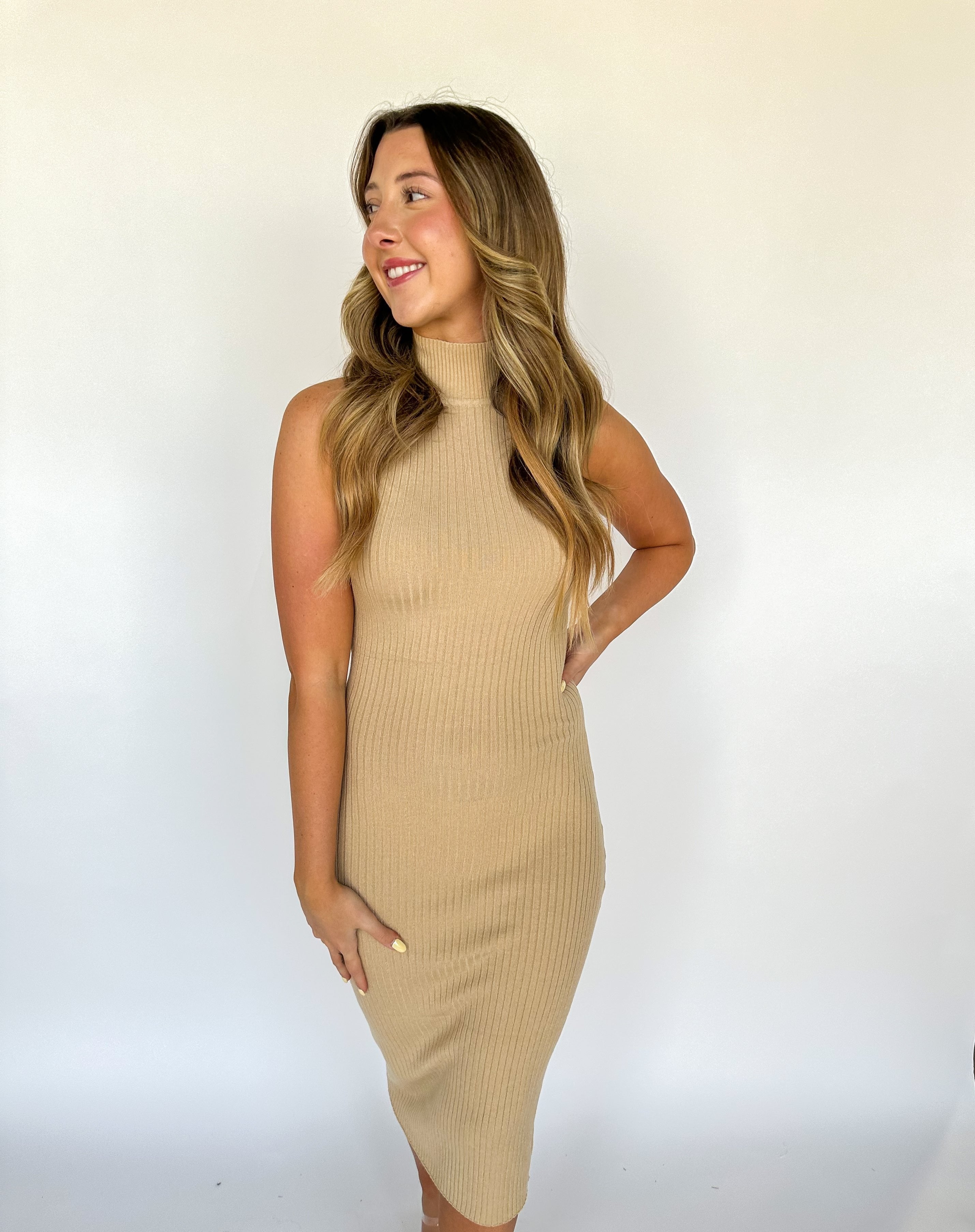 True To Me Fitted Taupe Dress