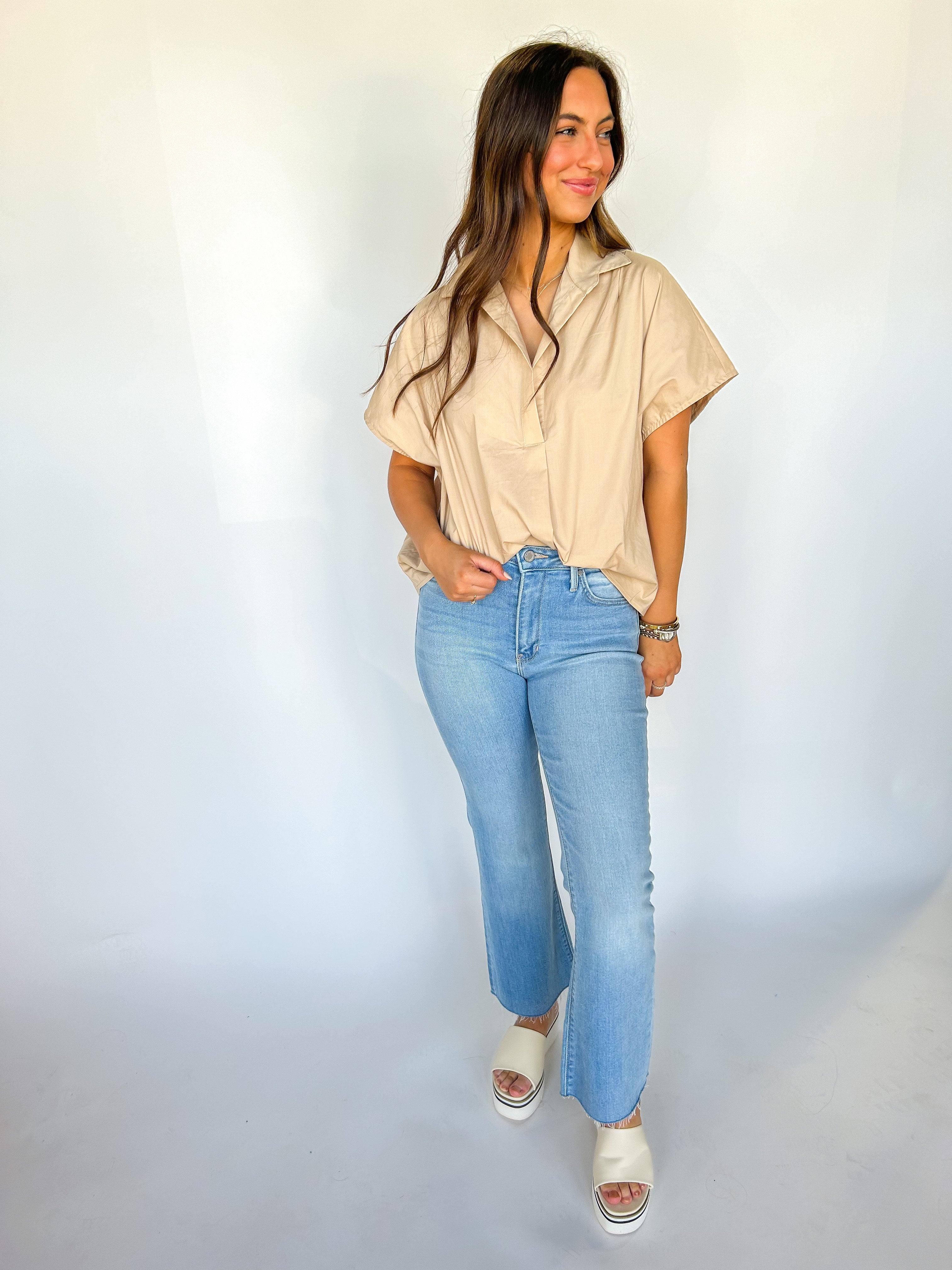 Solid Poplin Collar Top Tan