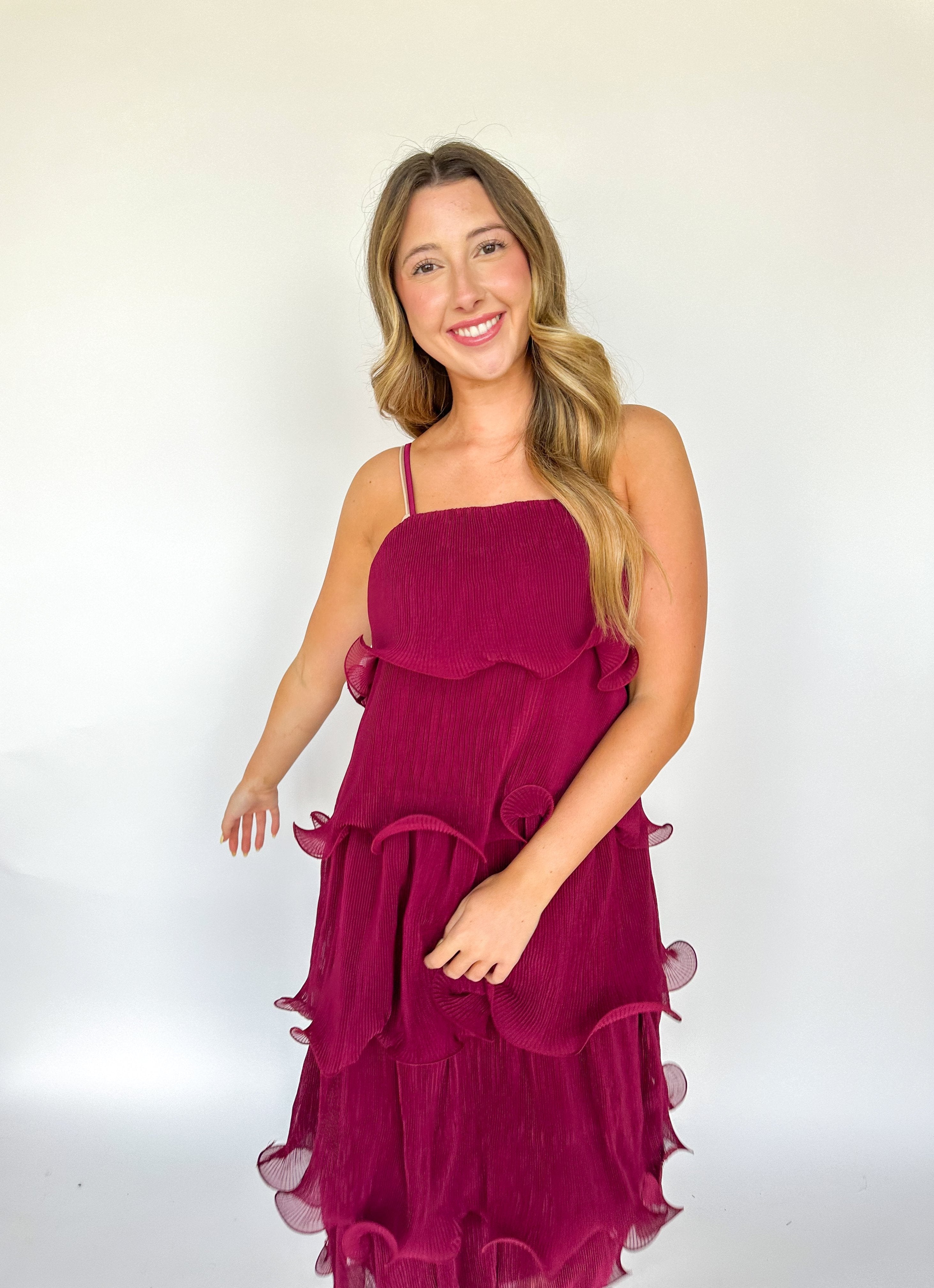 Burgundy Pleated Tiered Maxi