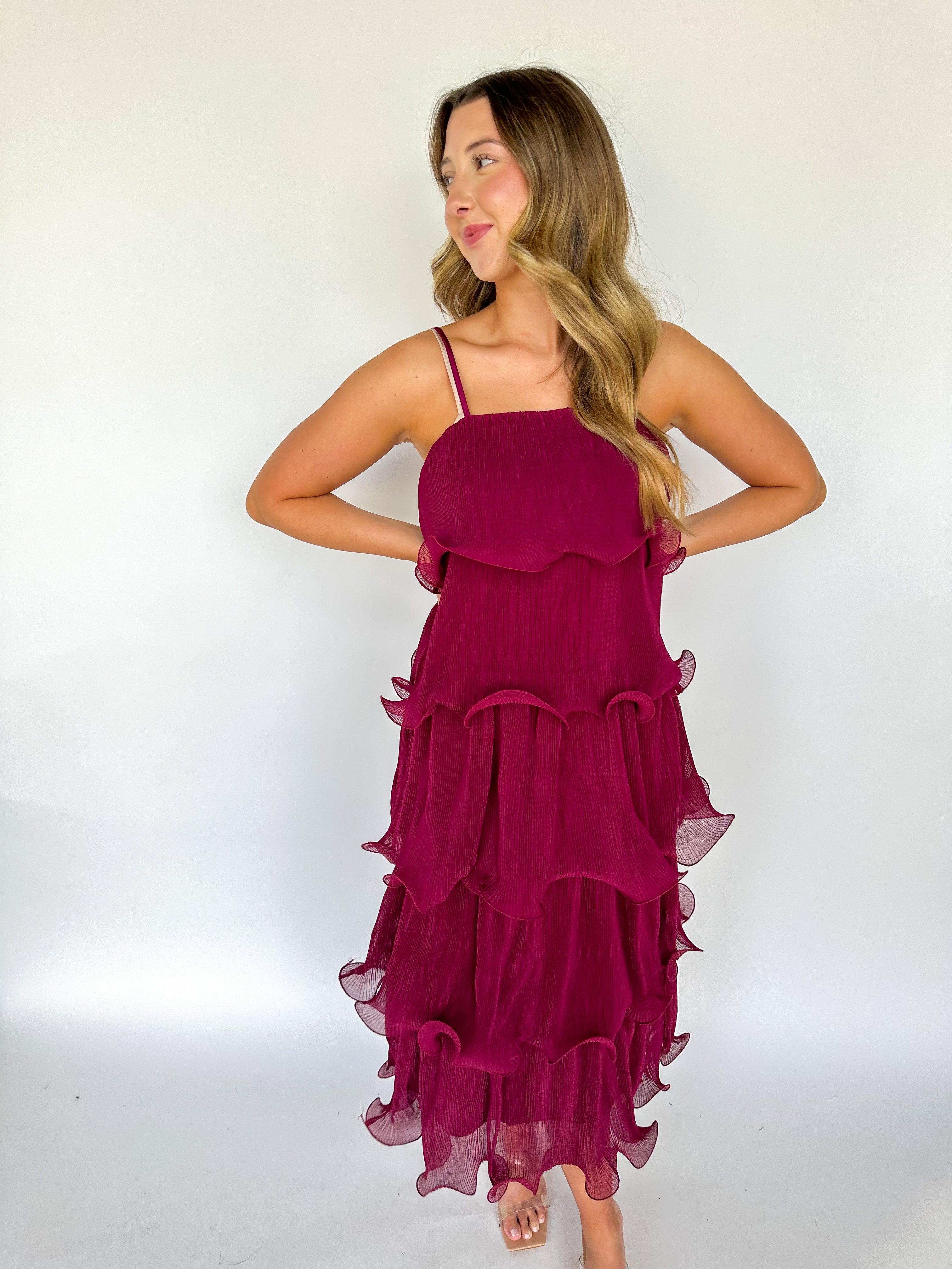 Burgundy Pleated Tiered Maxi