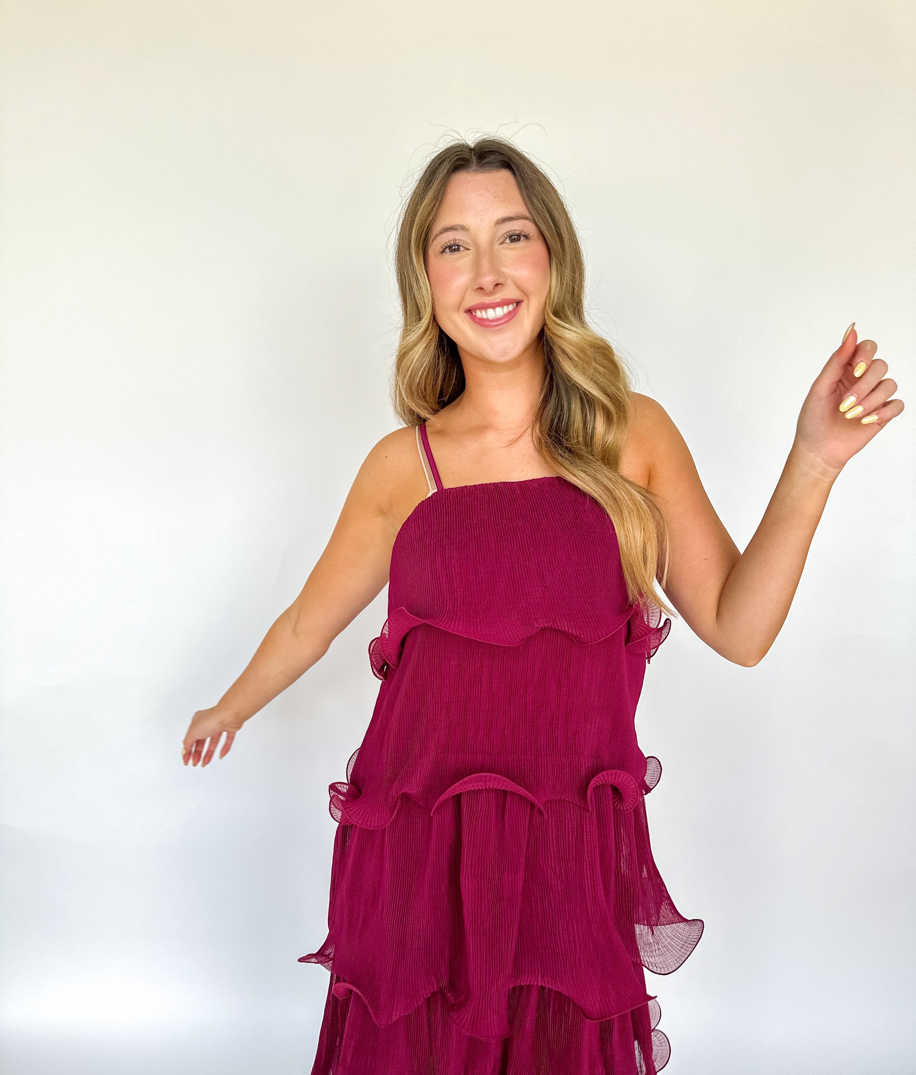 Burgundy Pleated Tiered Maxi