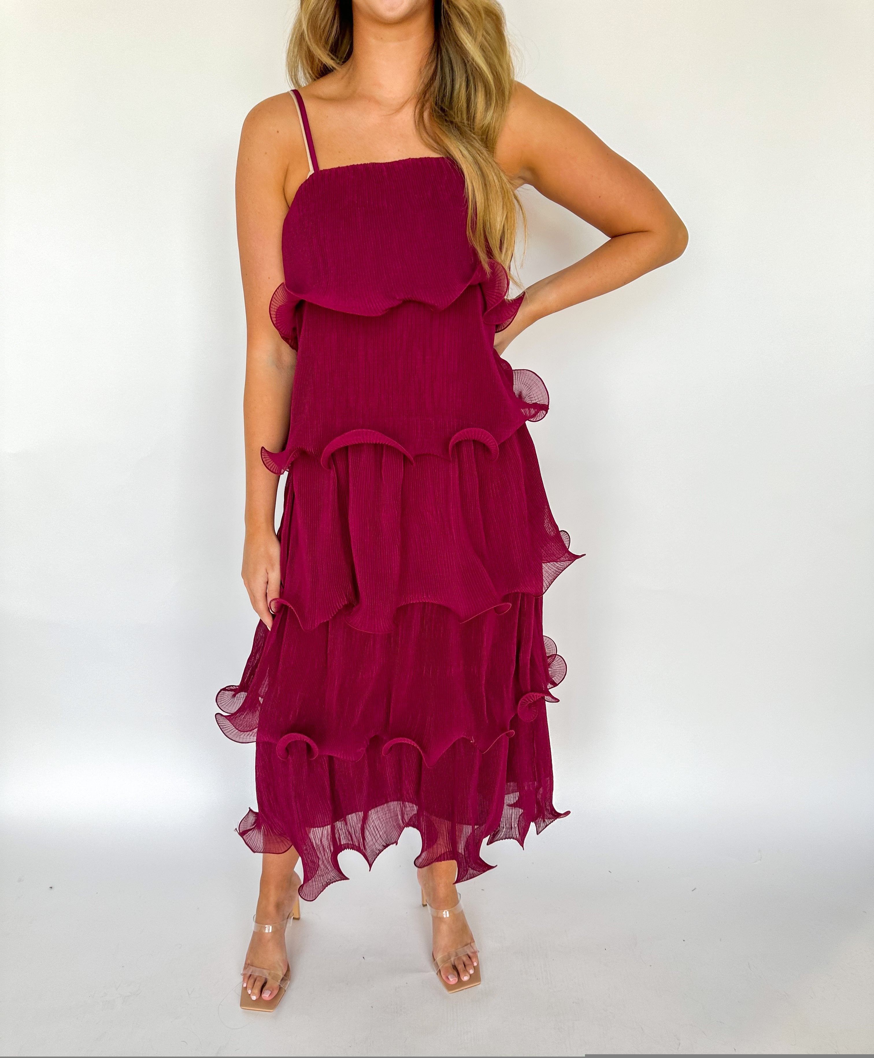 Burgundy Pleated Tiered Maxi