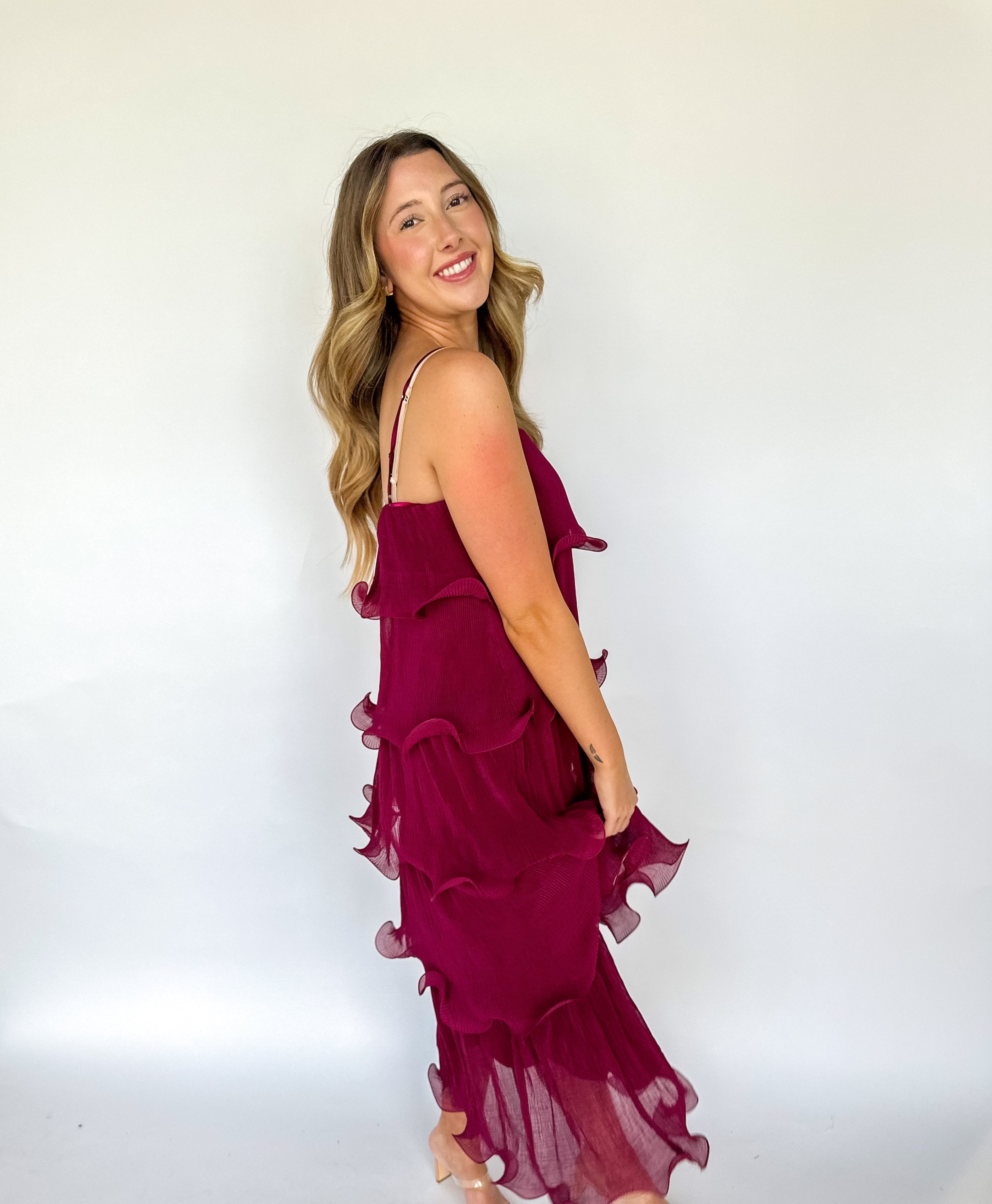 Burgundy Pleated Tiered Maxi