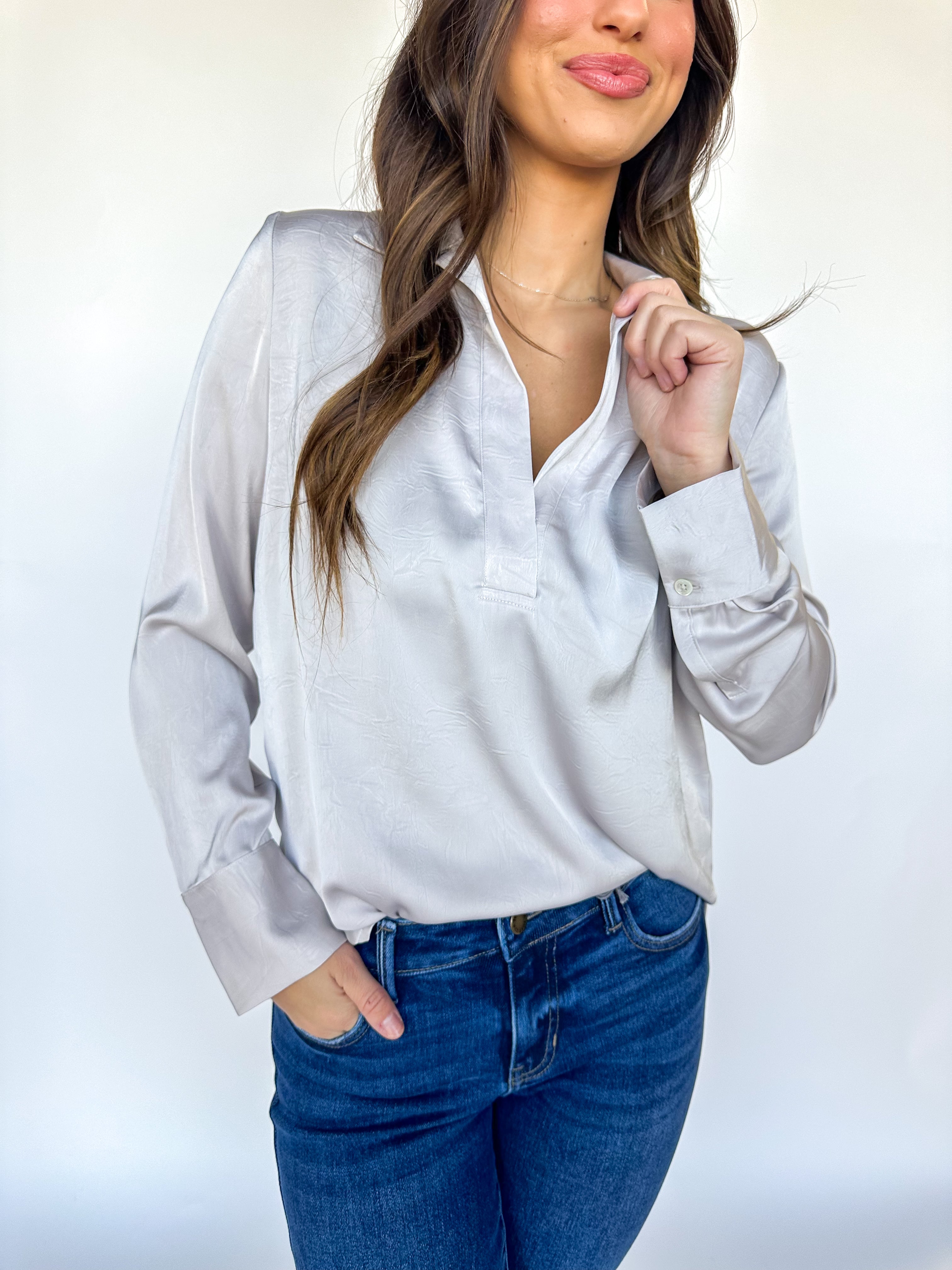 Split Neck Silk Blouse Stone