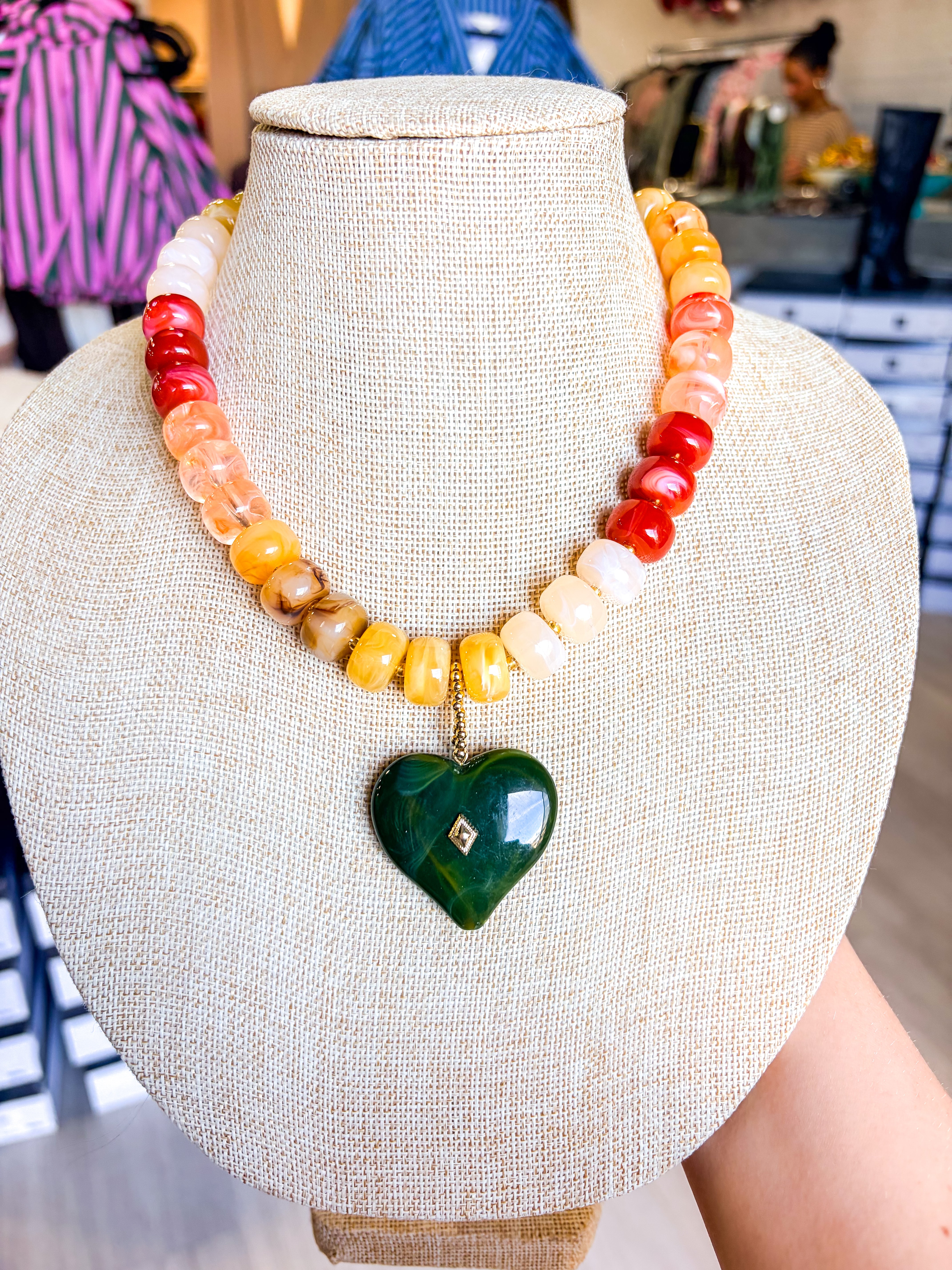 Green Heart Colored Beaded Necklace