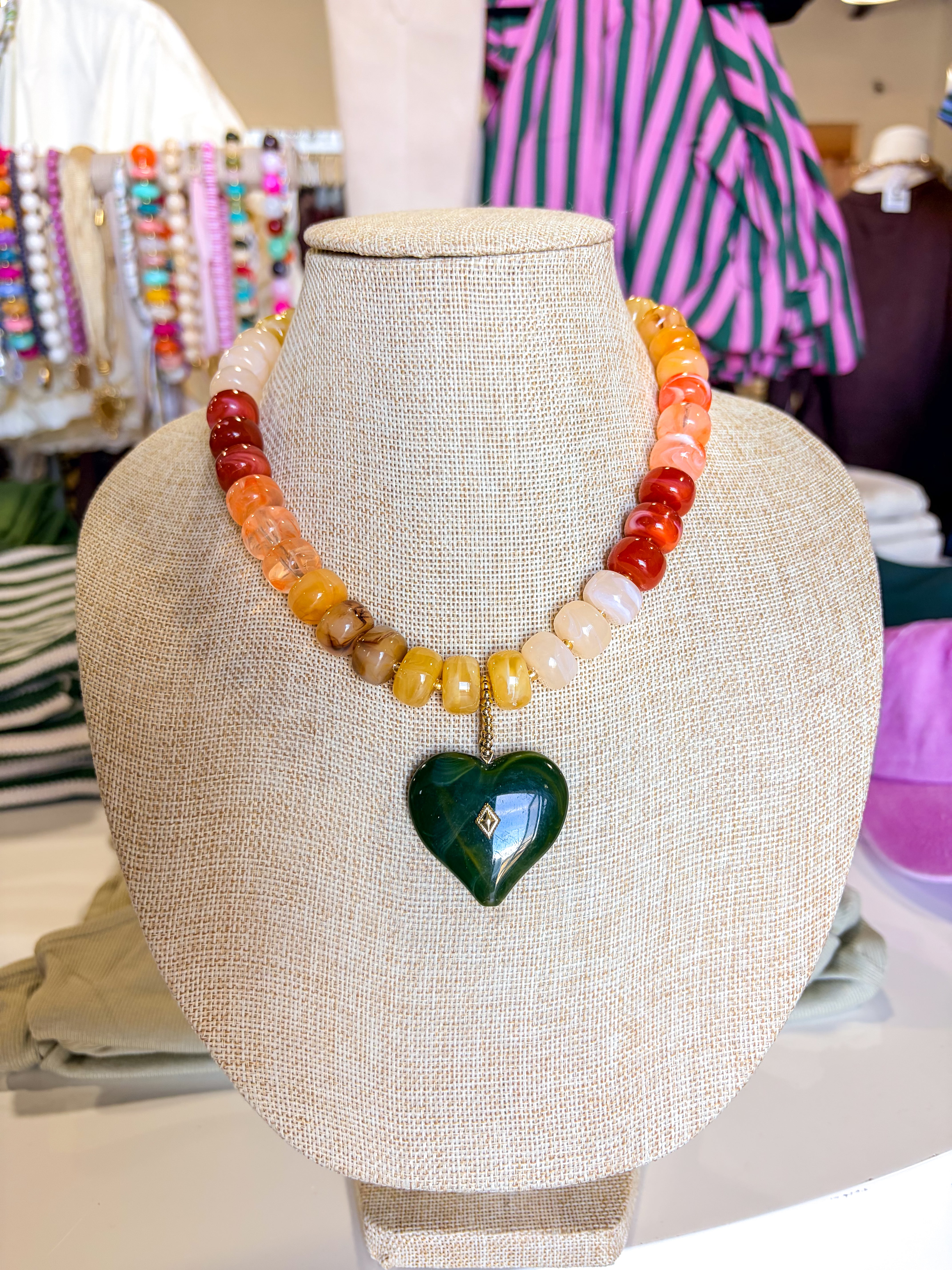 Green Heart Colored Beaded Necklace