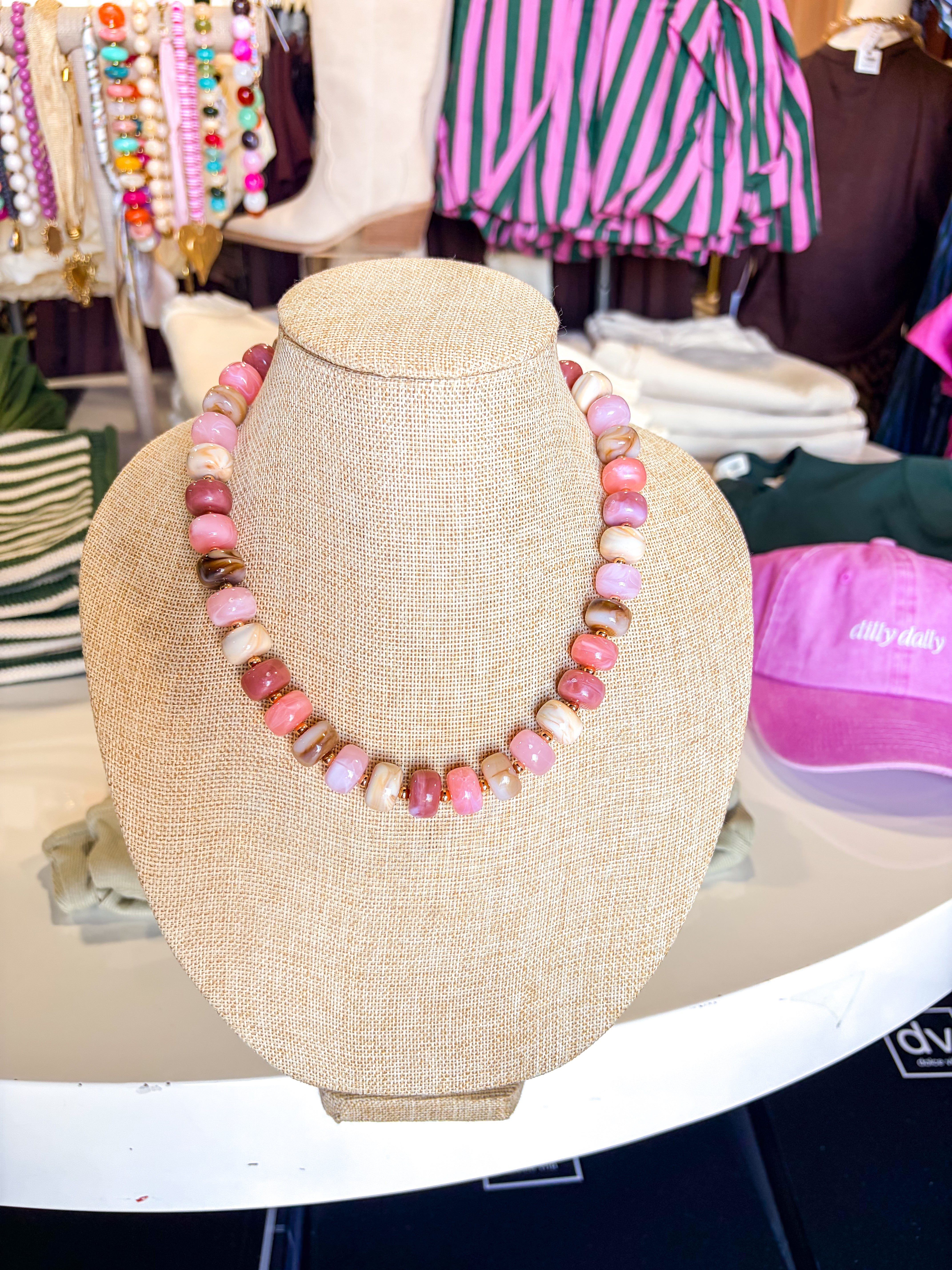 Pink & Neutral Marbled Beaded Necklace