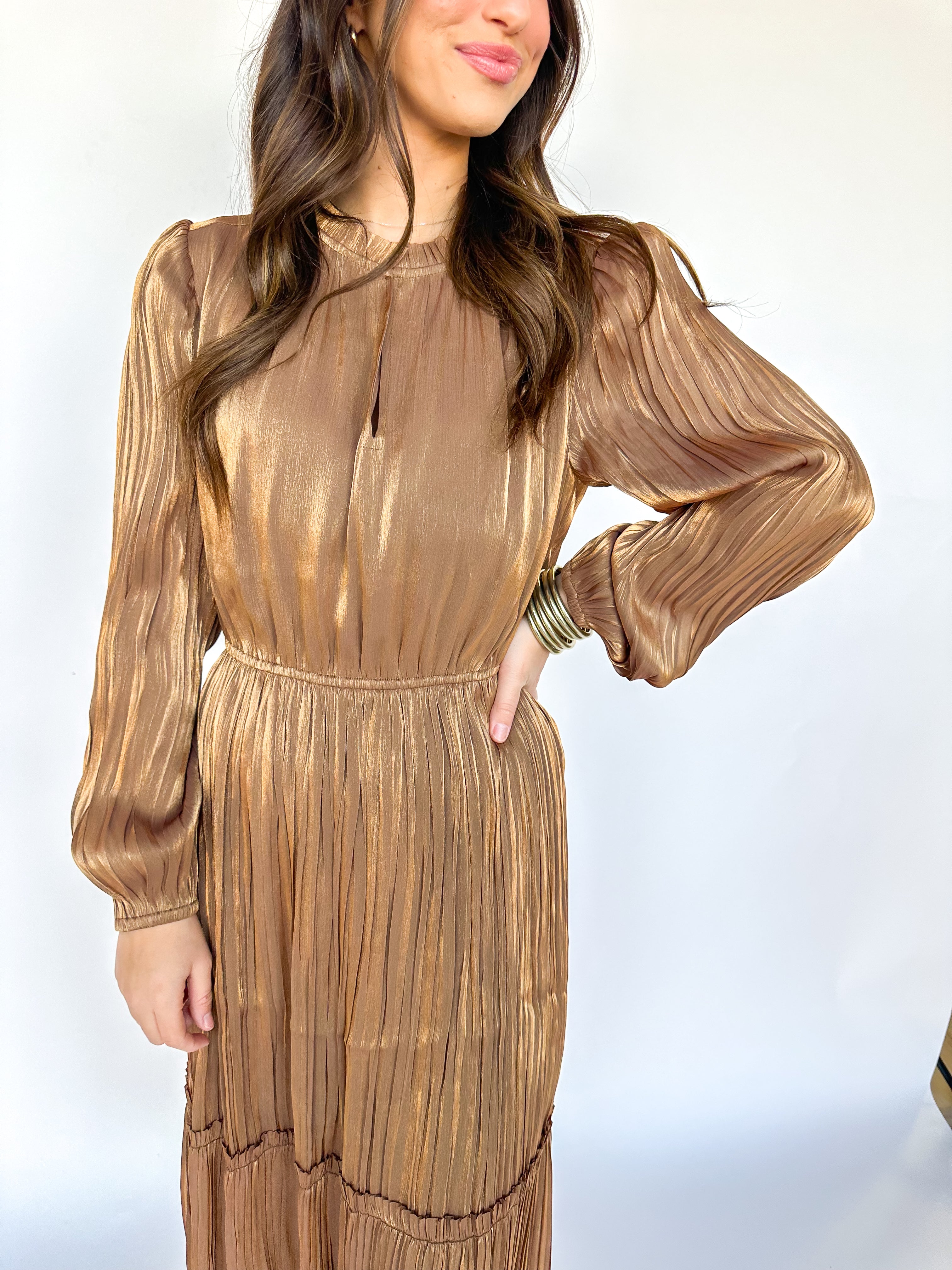 Stunner Gold Pleated Midi Dress