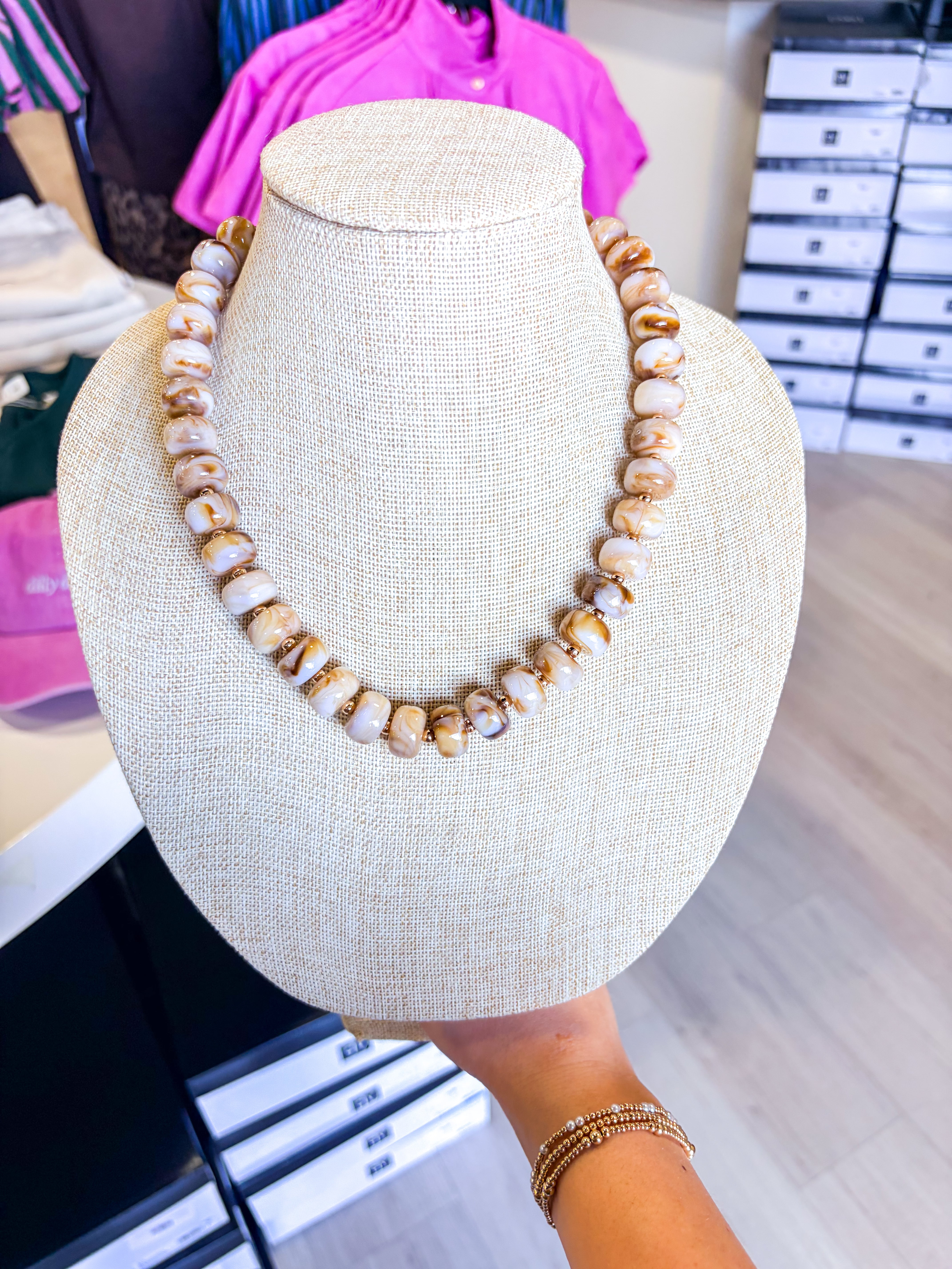 Brown & Cream Marbled Beaded Necklace