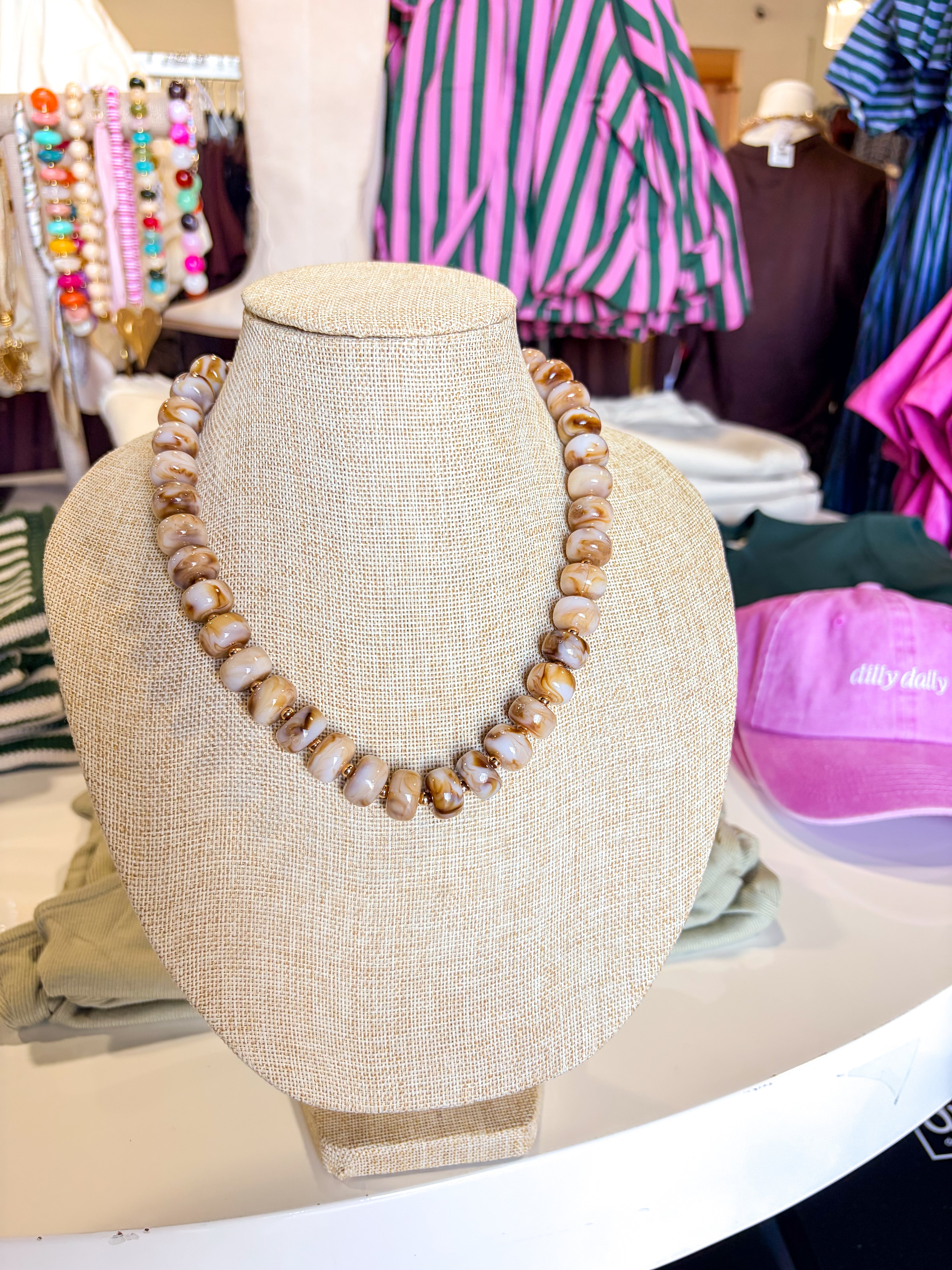 Brown & Cream Marbled Beaded Necklace