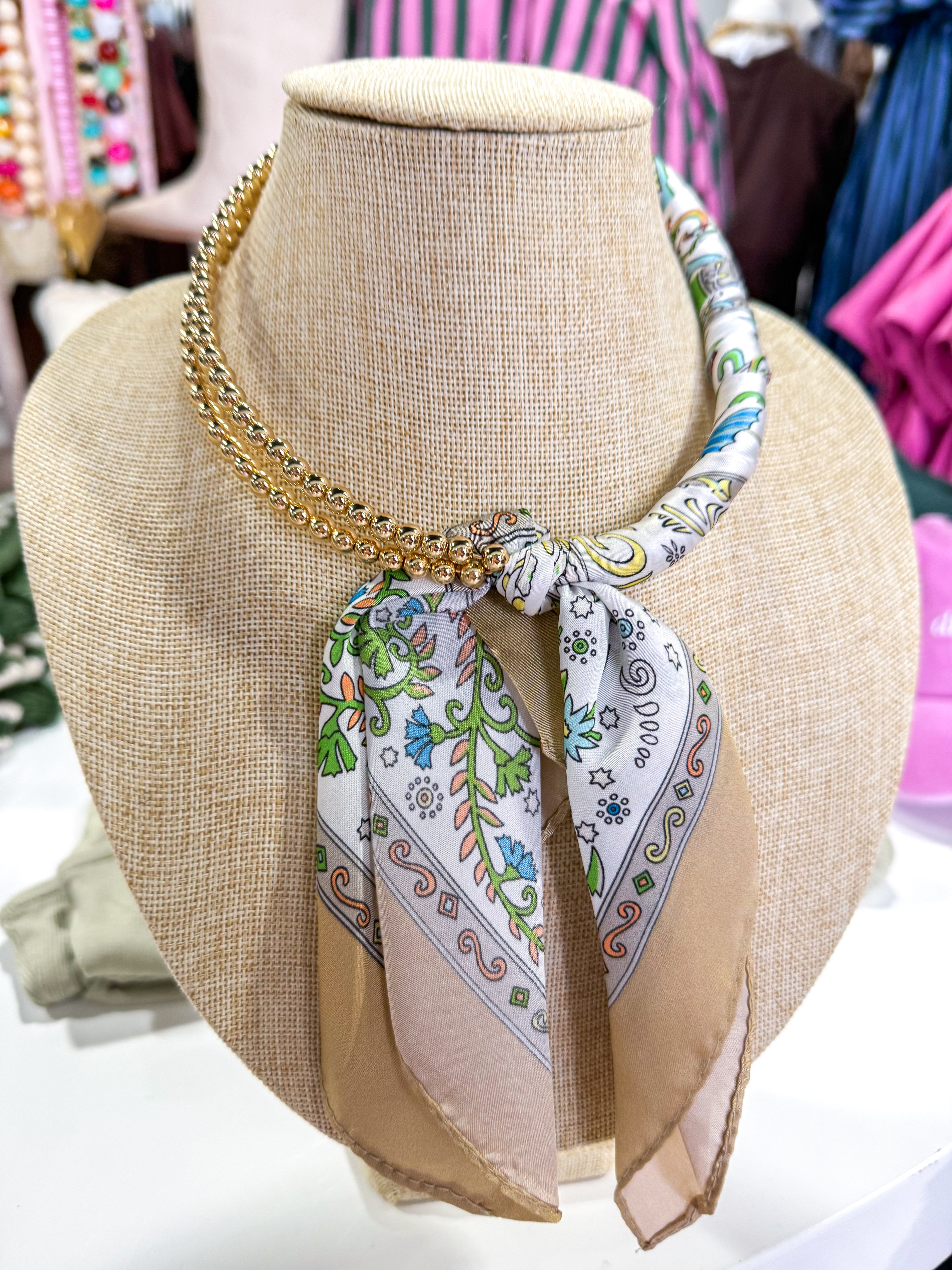 Green/Taupe Beaded Scarf Collar Necklace