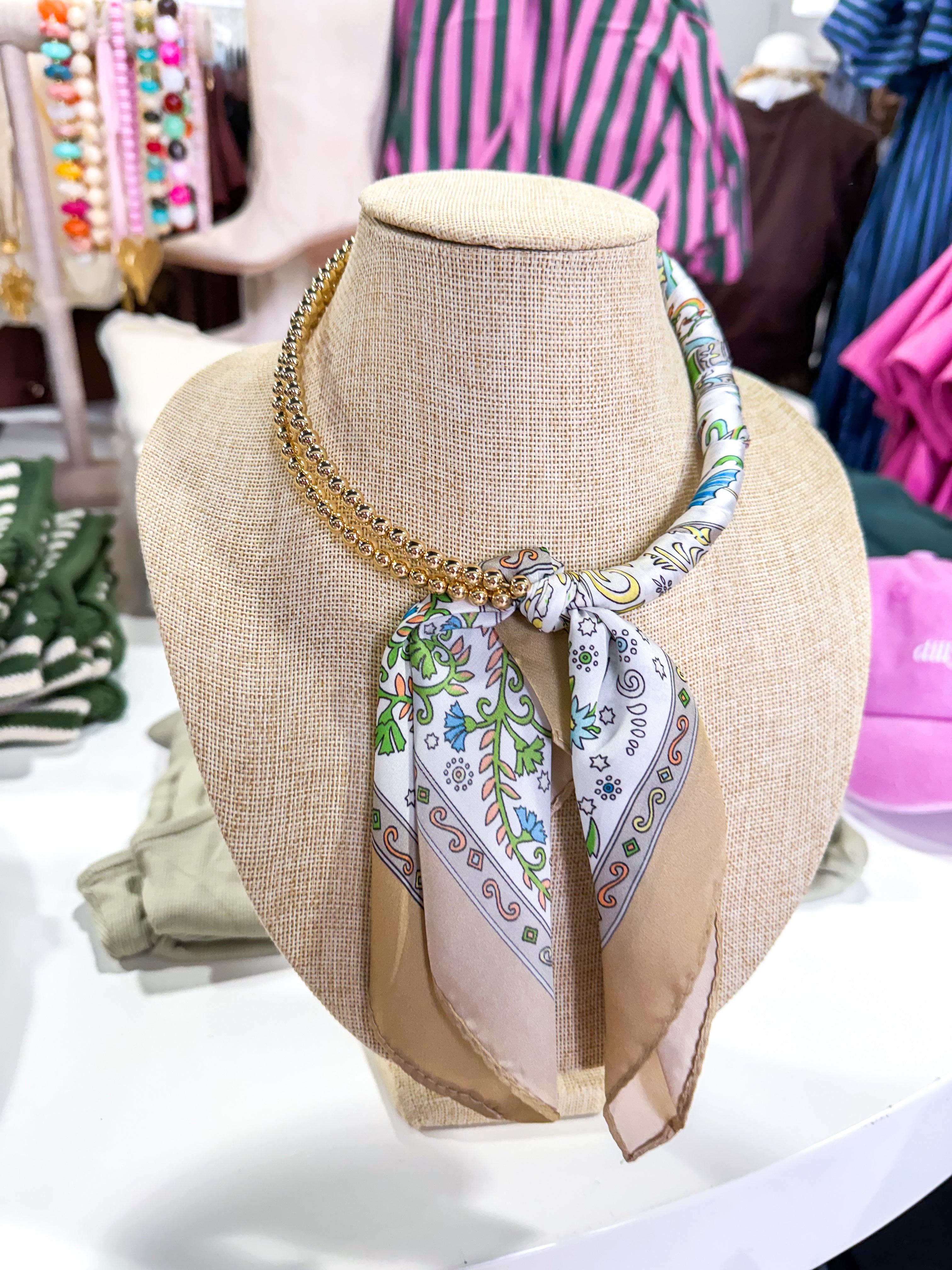 Green/Taupe Beaded Scarf Collar Necklace