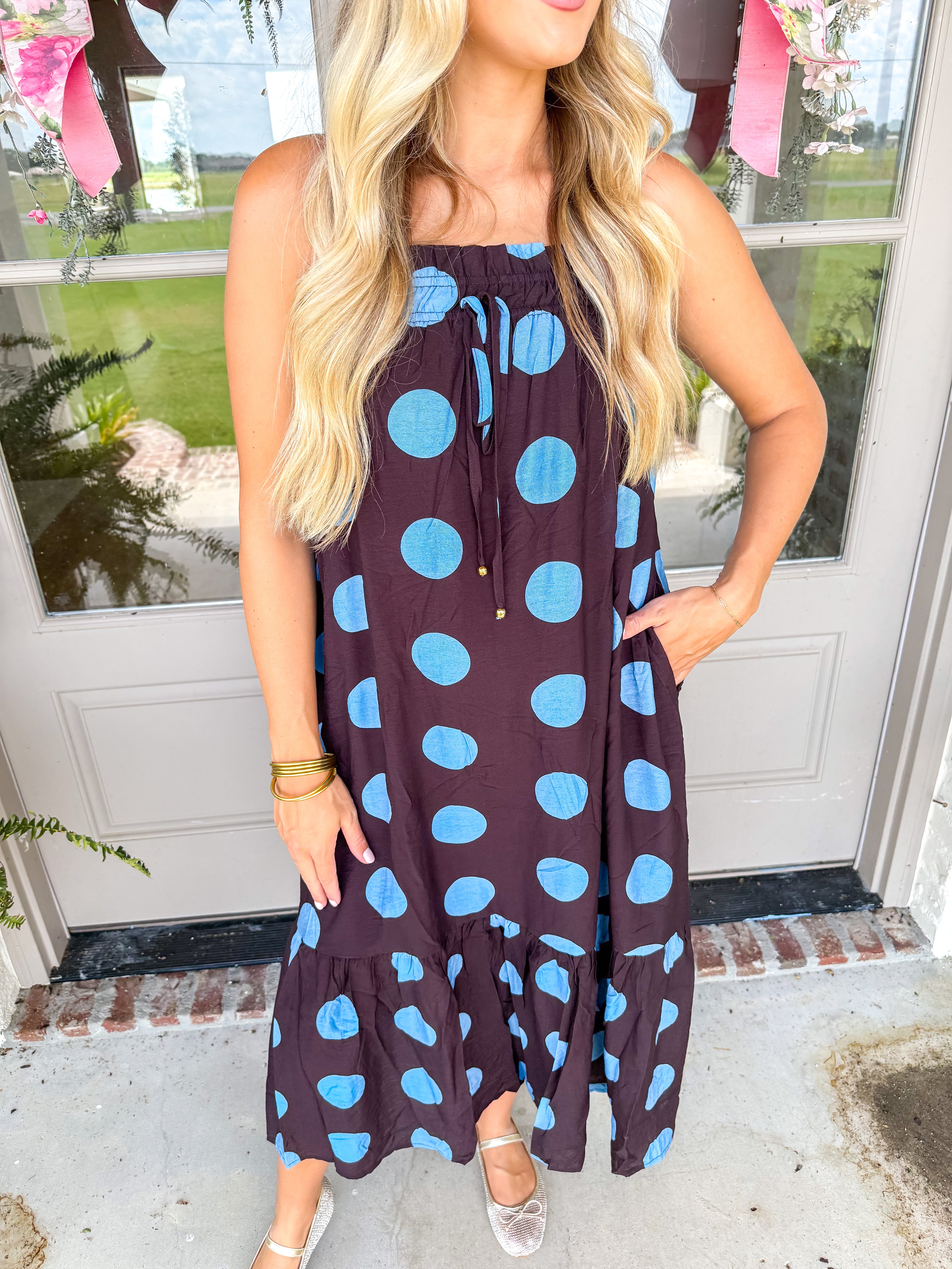 The Wine & Whimsy Polka Dot Maxi Brown/Blue