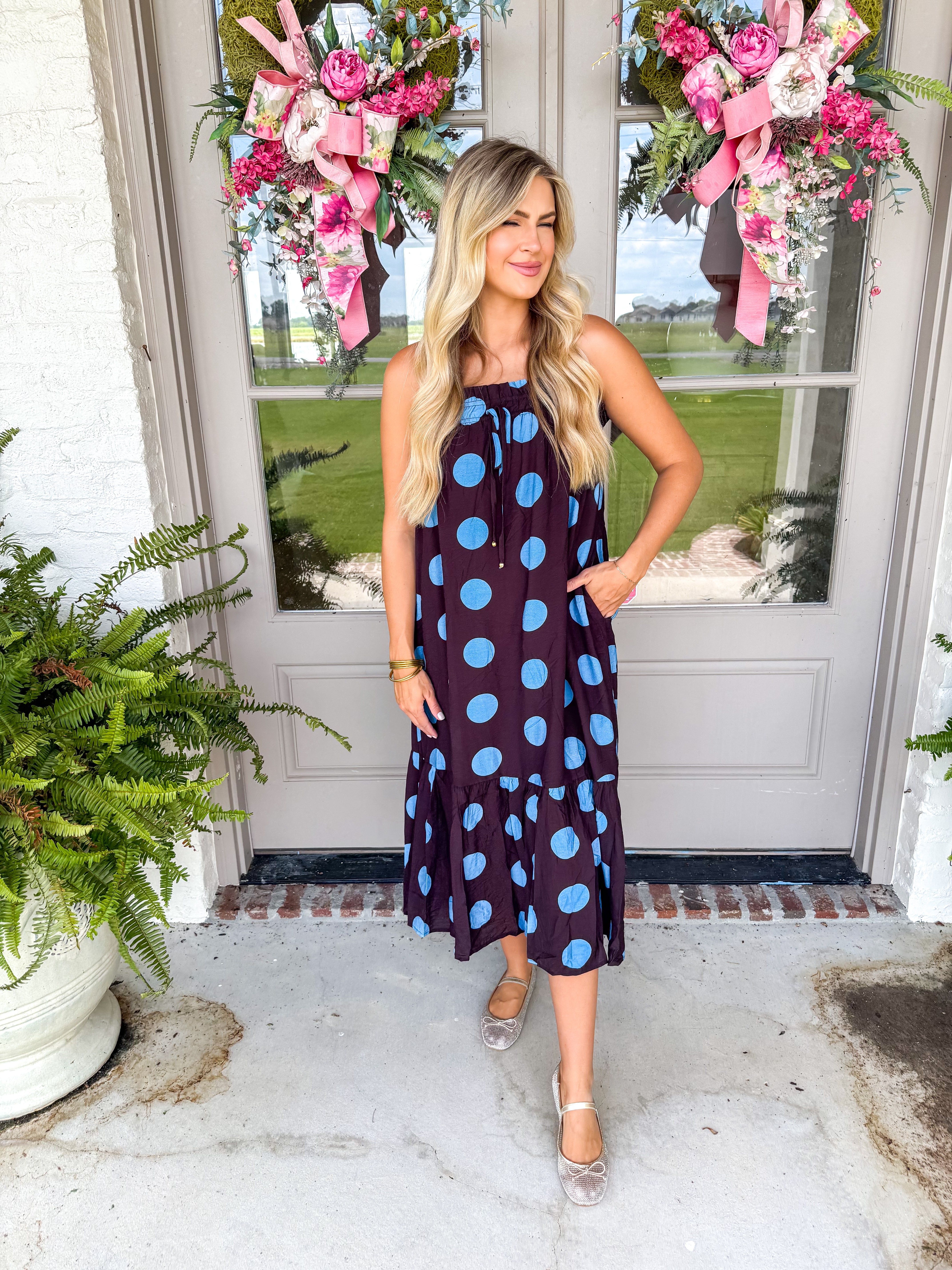The Wine & Whimsy Polka Dot Maxi Brown/Blue