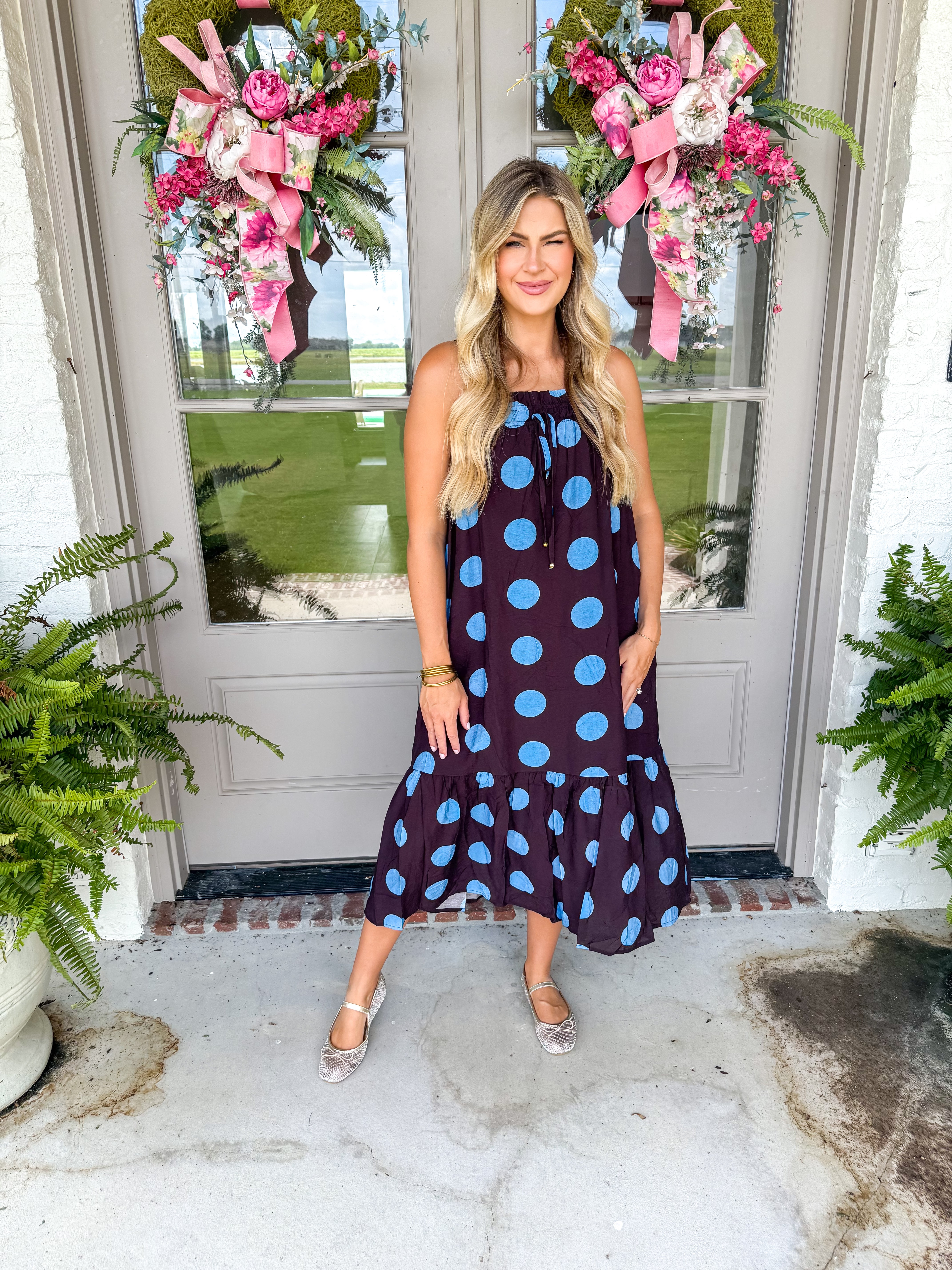 The Wine & Whimsy Polka Dot Maxi Brown/Blue