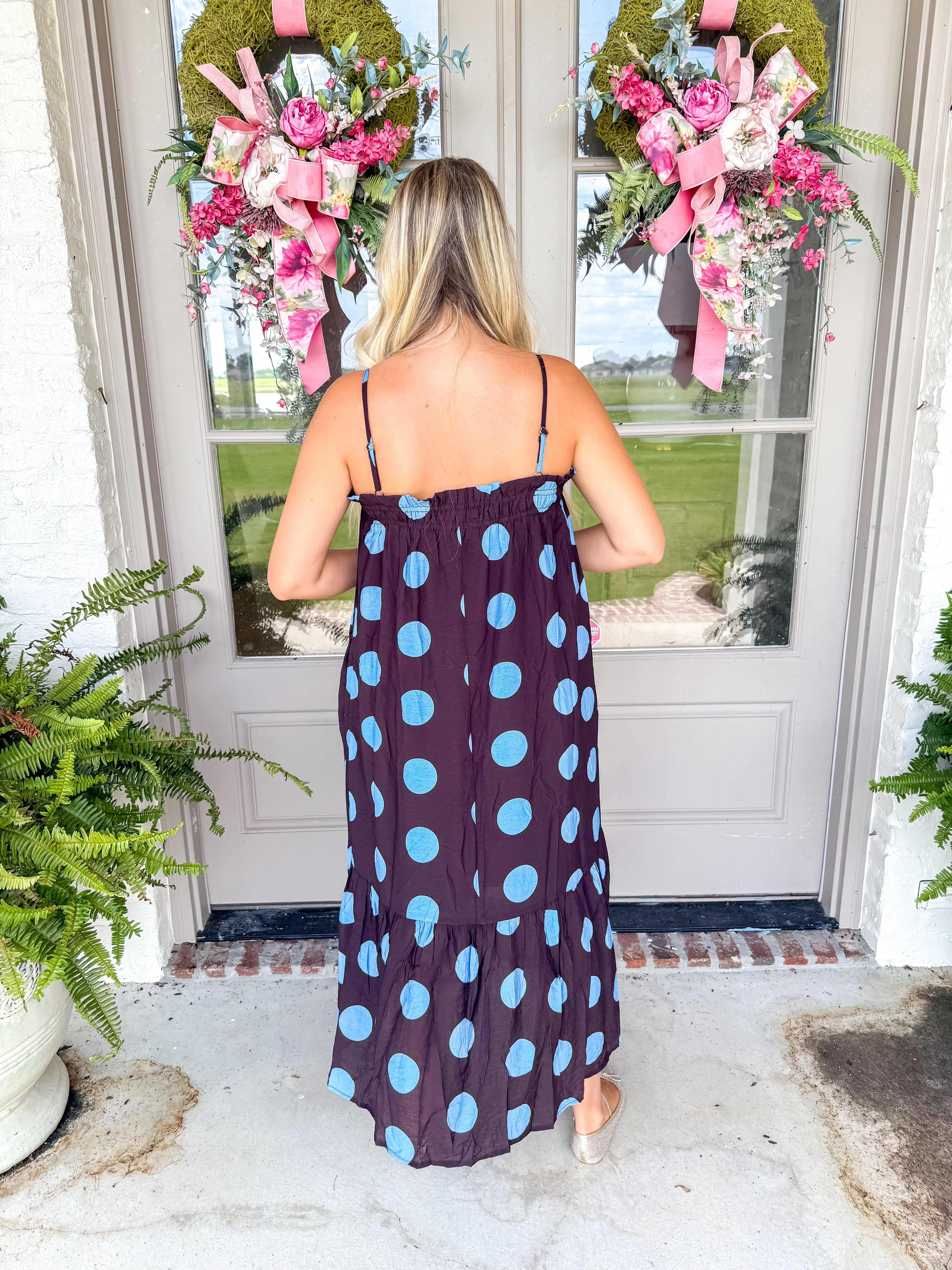 The Wine & Whimsy Polka Dot Maxi Brown/Blue