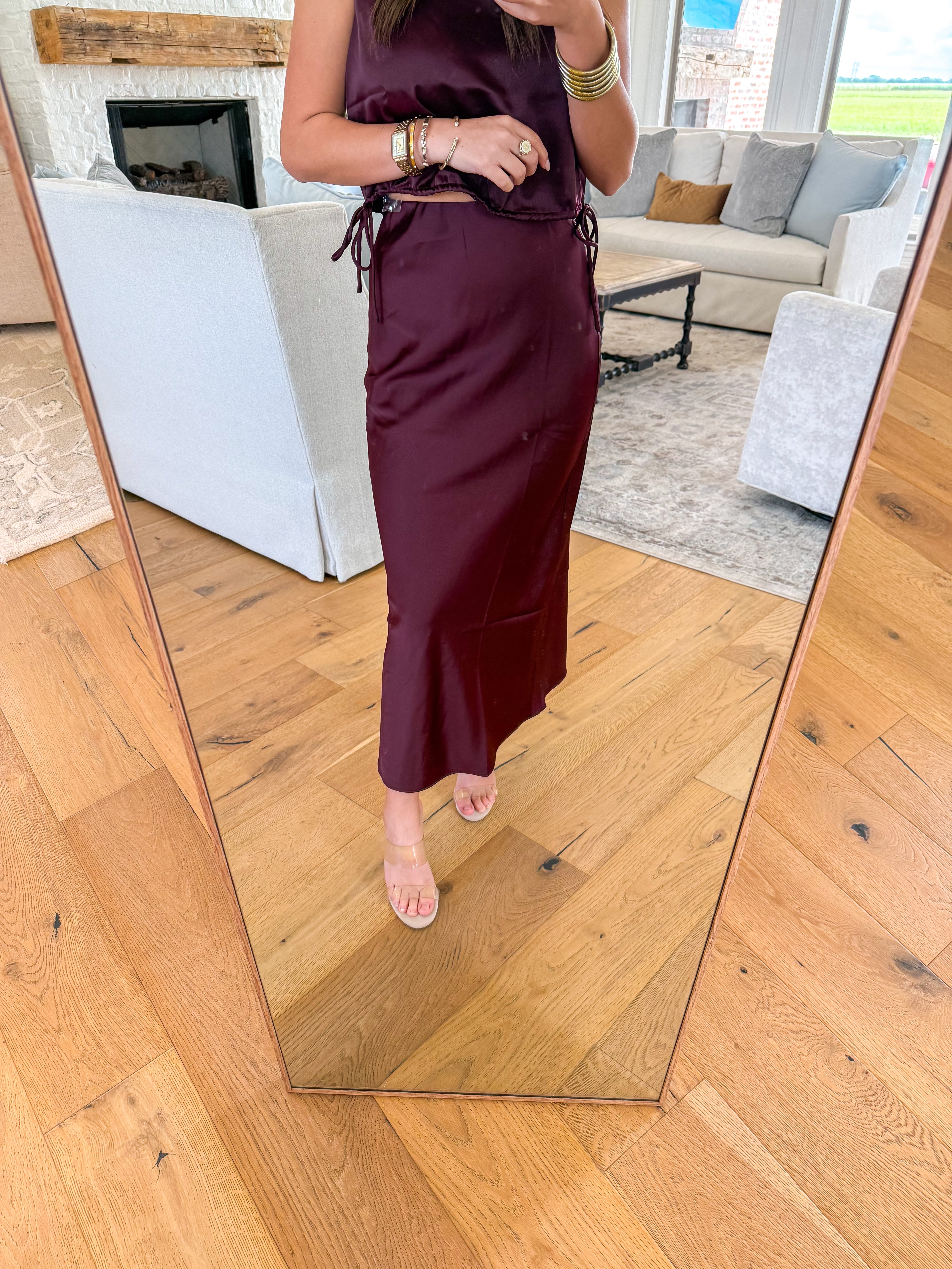 Deep Trance Wine Satin Midi Skirt