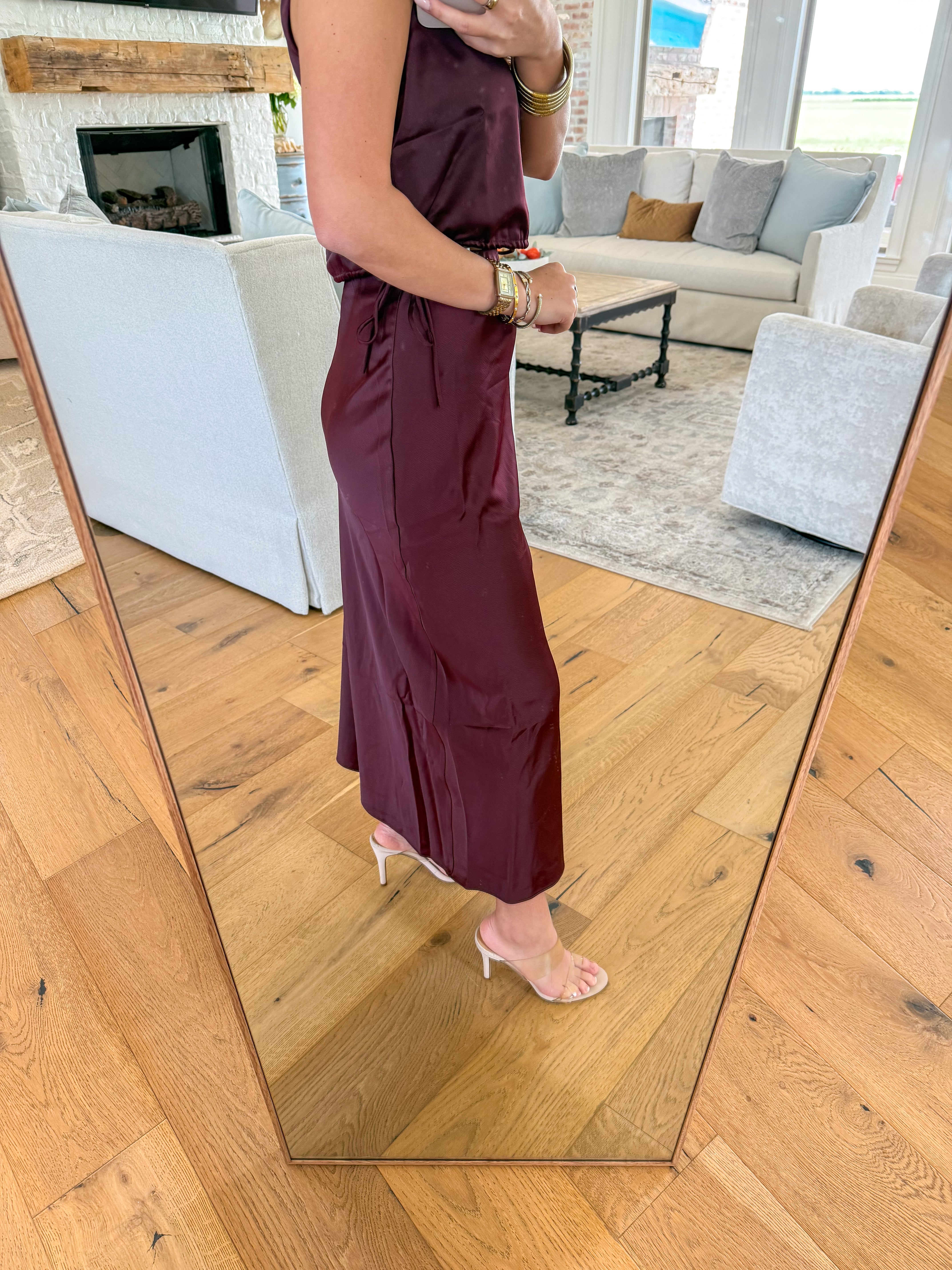 Deep Trance Wine Satin Midi Skirt