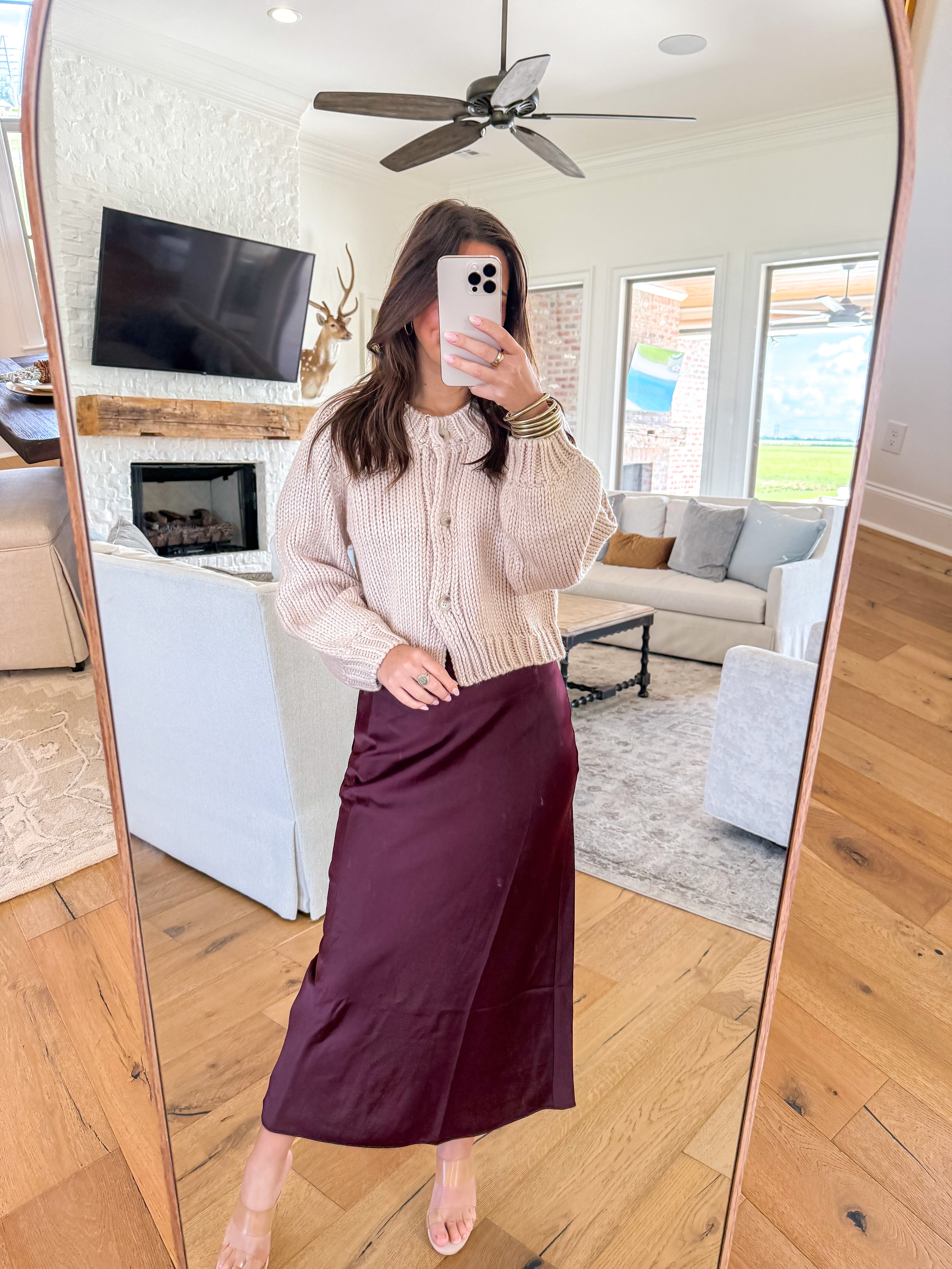 Deep Trance Wine Satin Midi Skirt