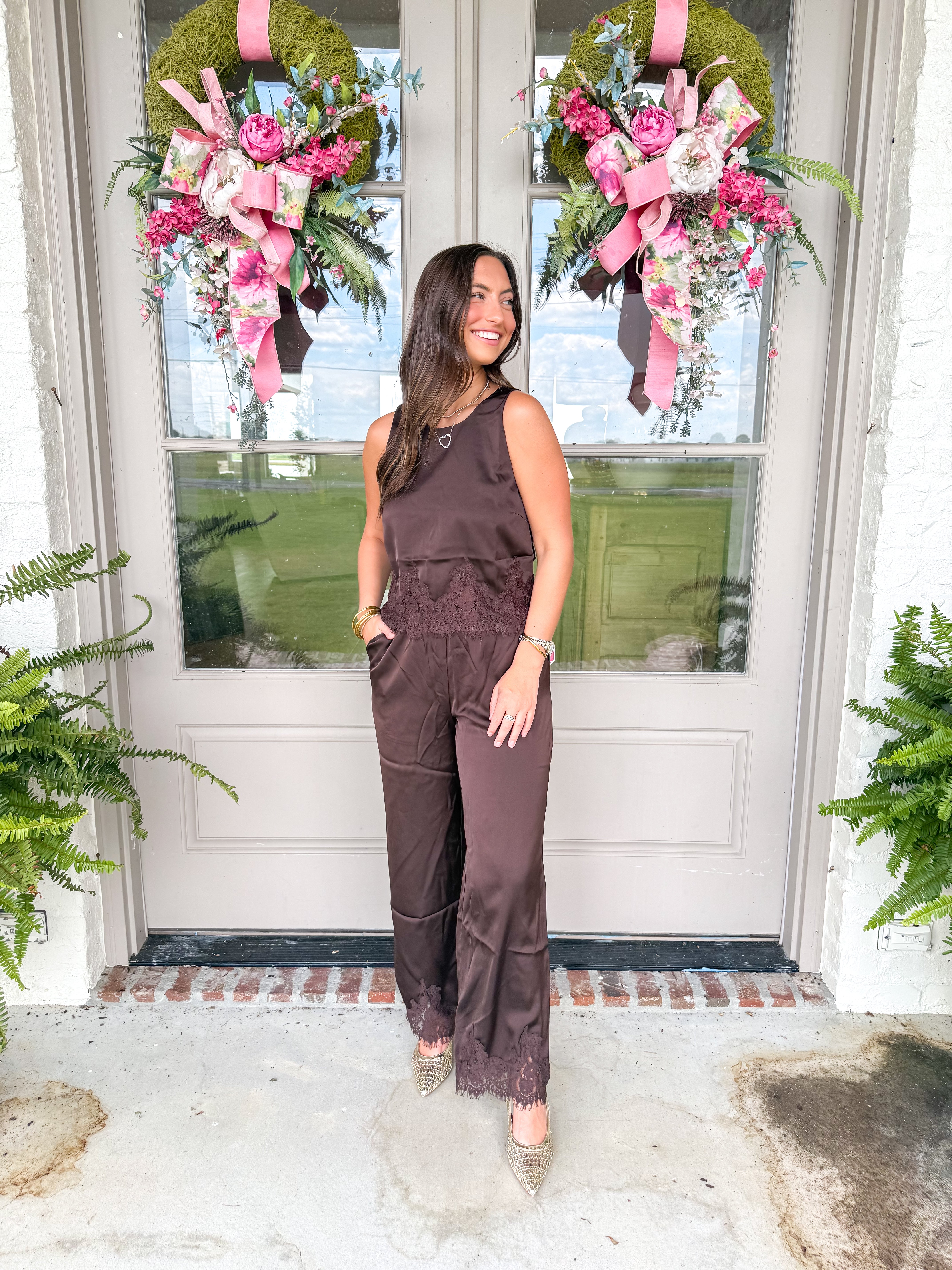 Espresso Satin Lace-Trim Set