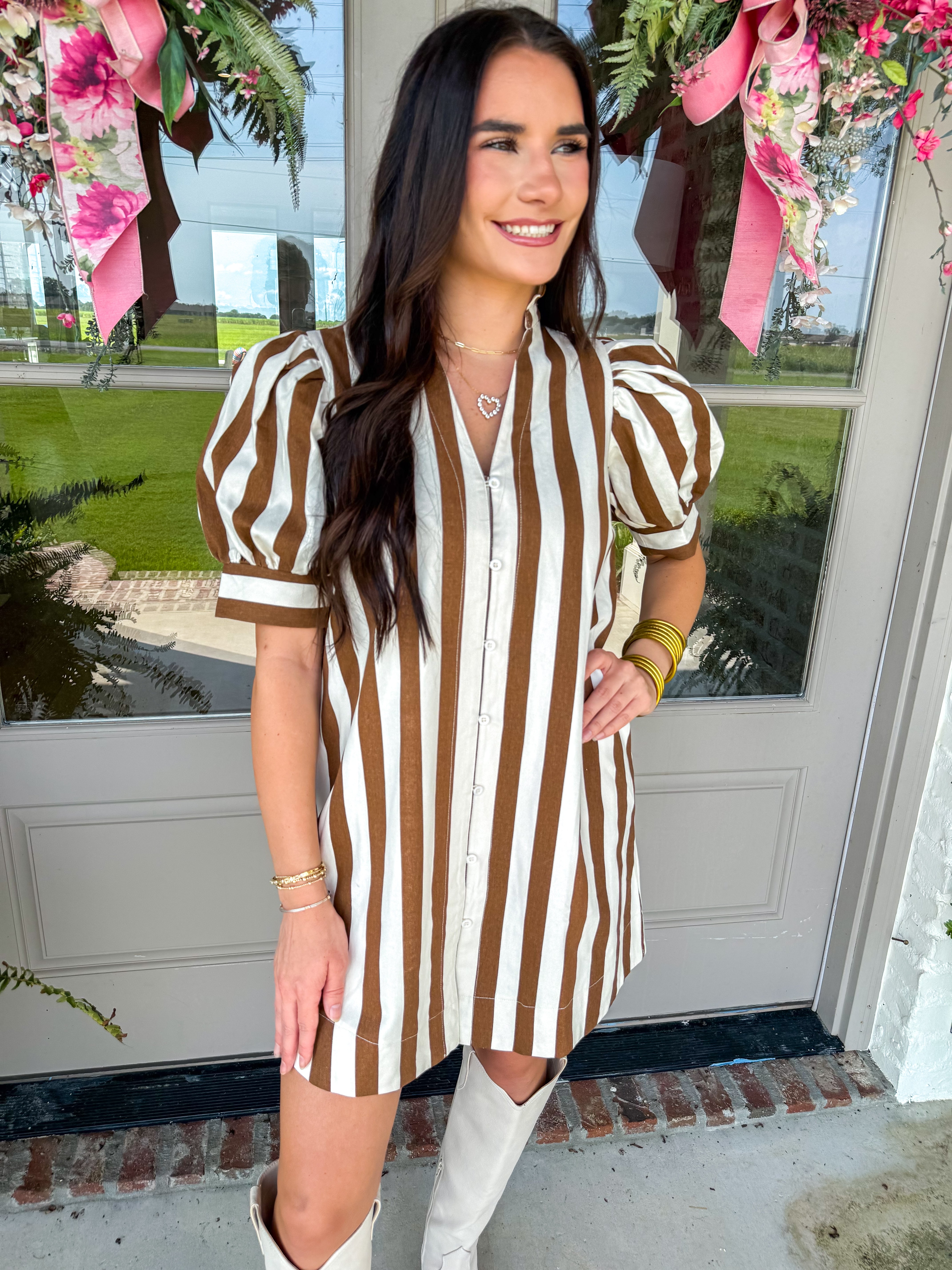Caramel Dream Striped Shirt Dress