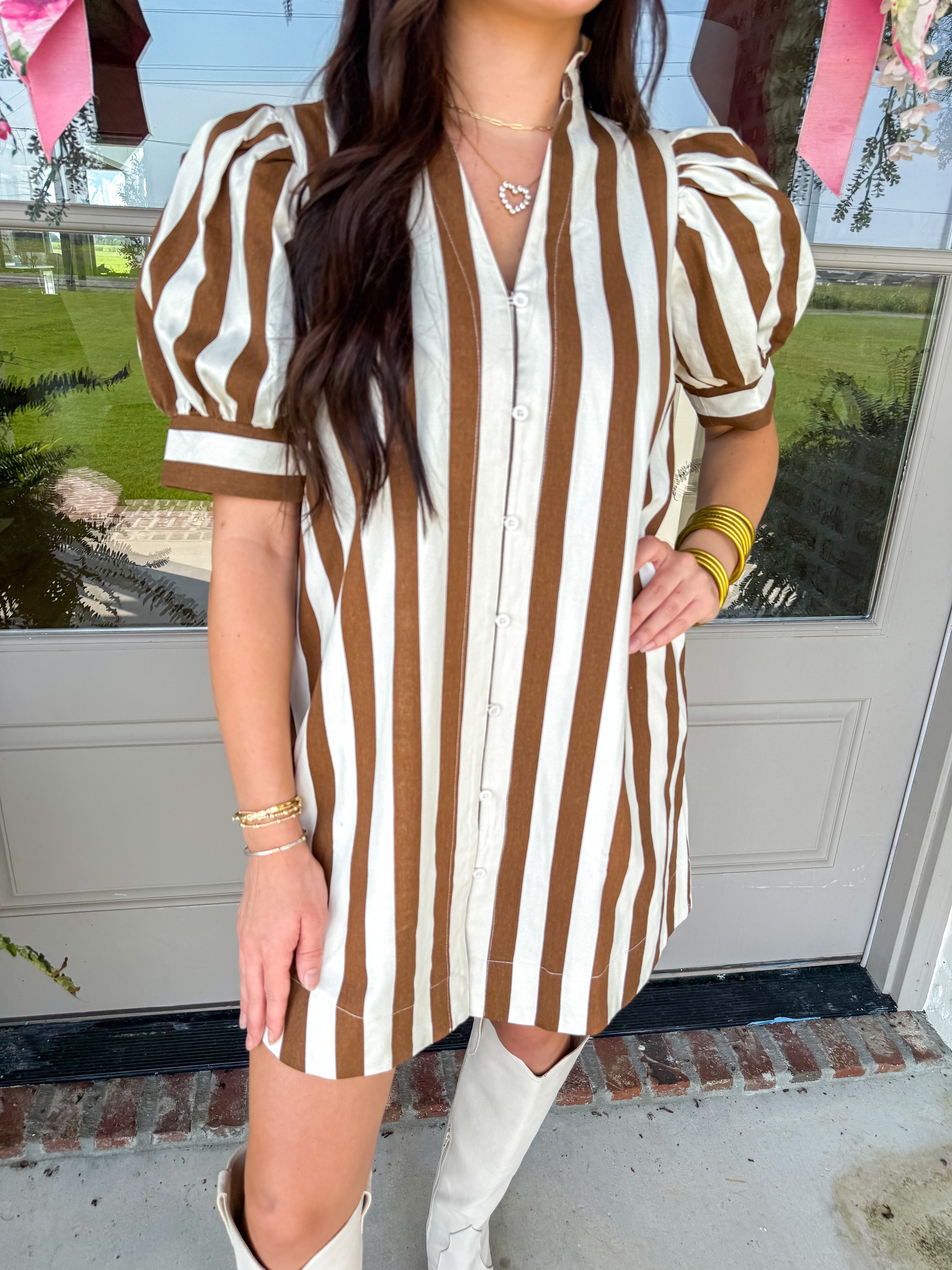 Caramel Dream Striped Shirt Dress
