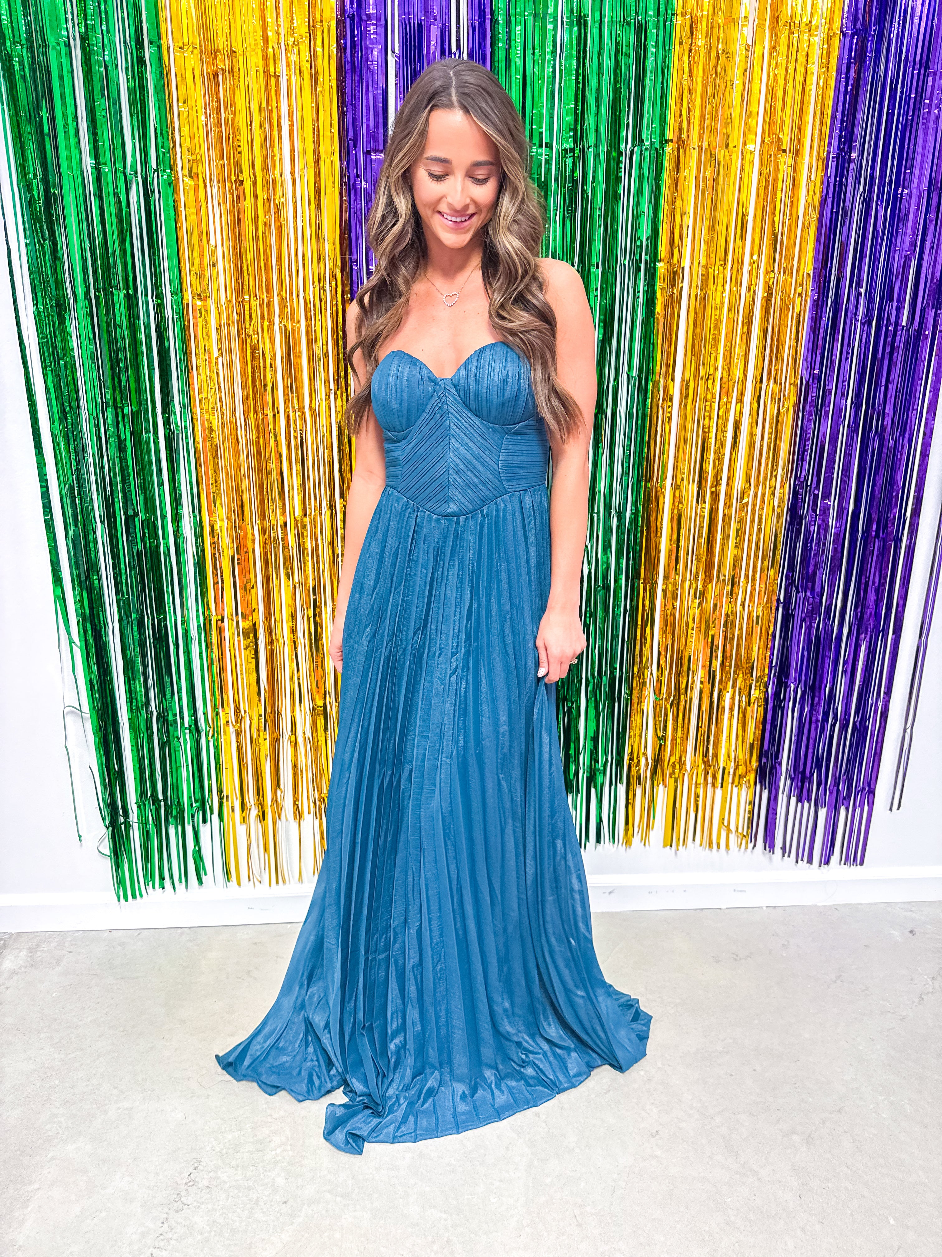 Luxe Pleated Teal Ball Gown