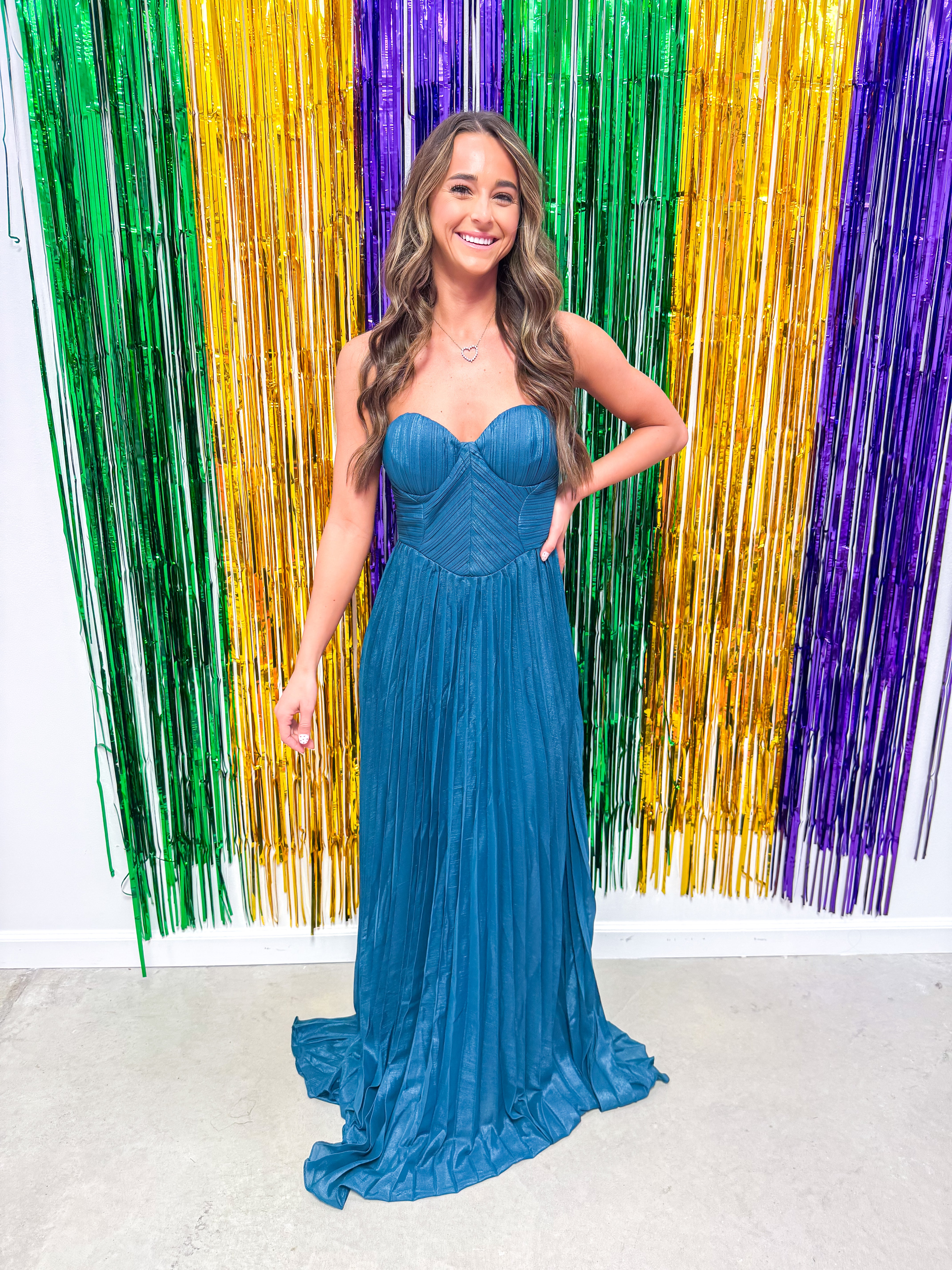 Luxe Pleated Teal Ball Gown