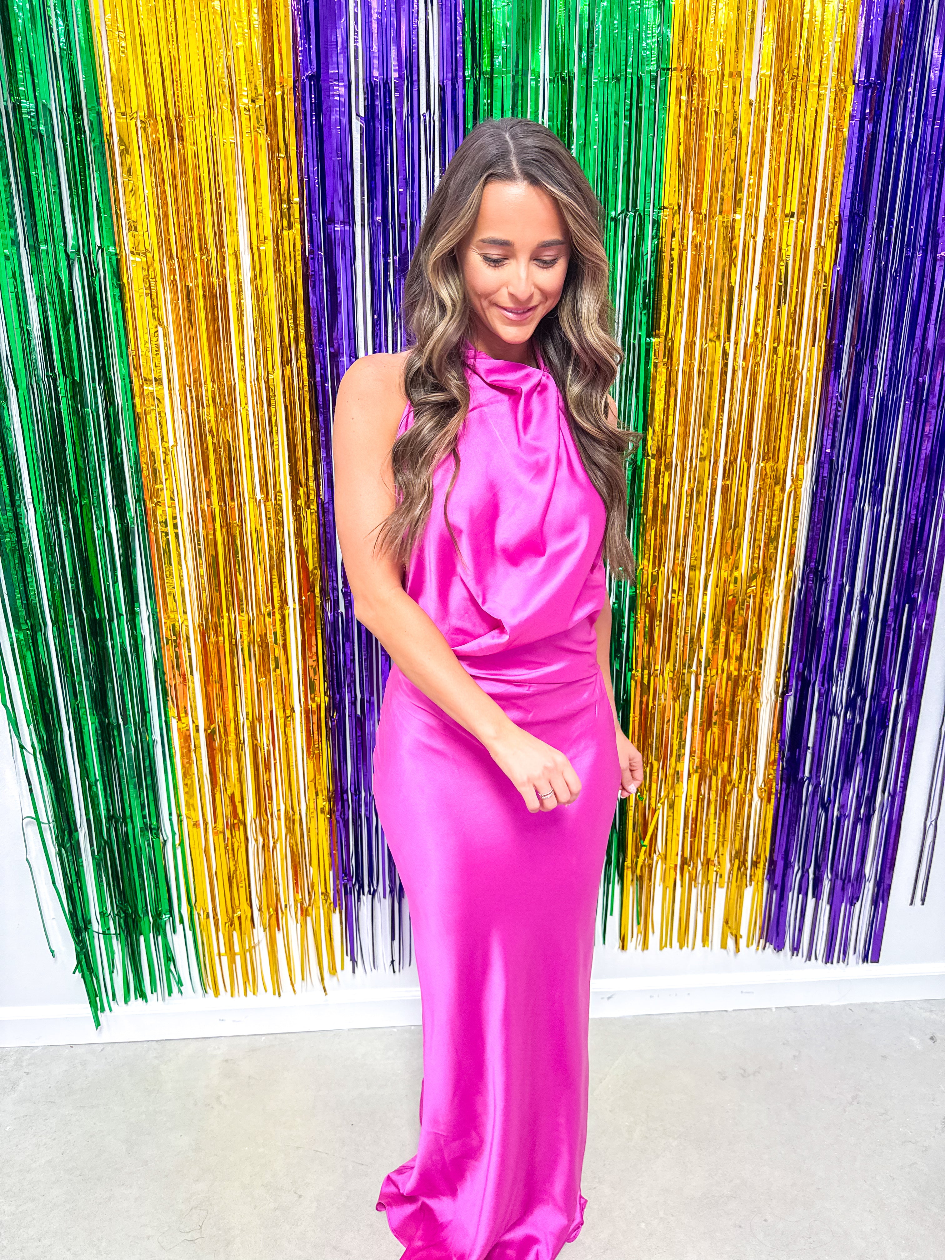 Magenta Satin Halter Gown