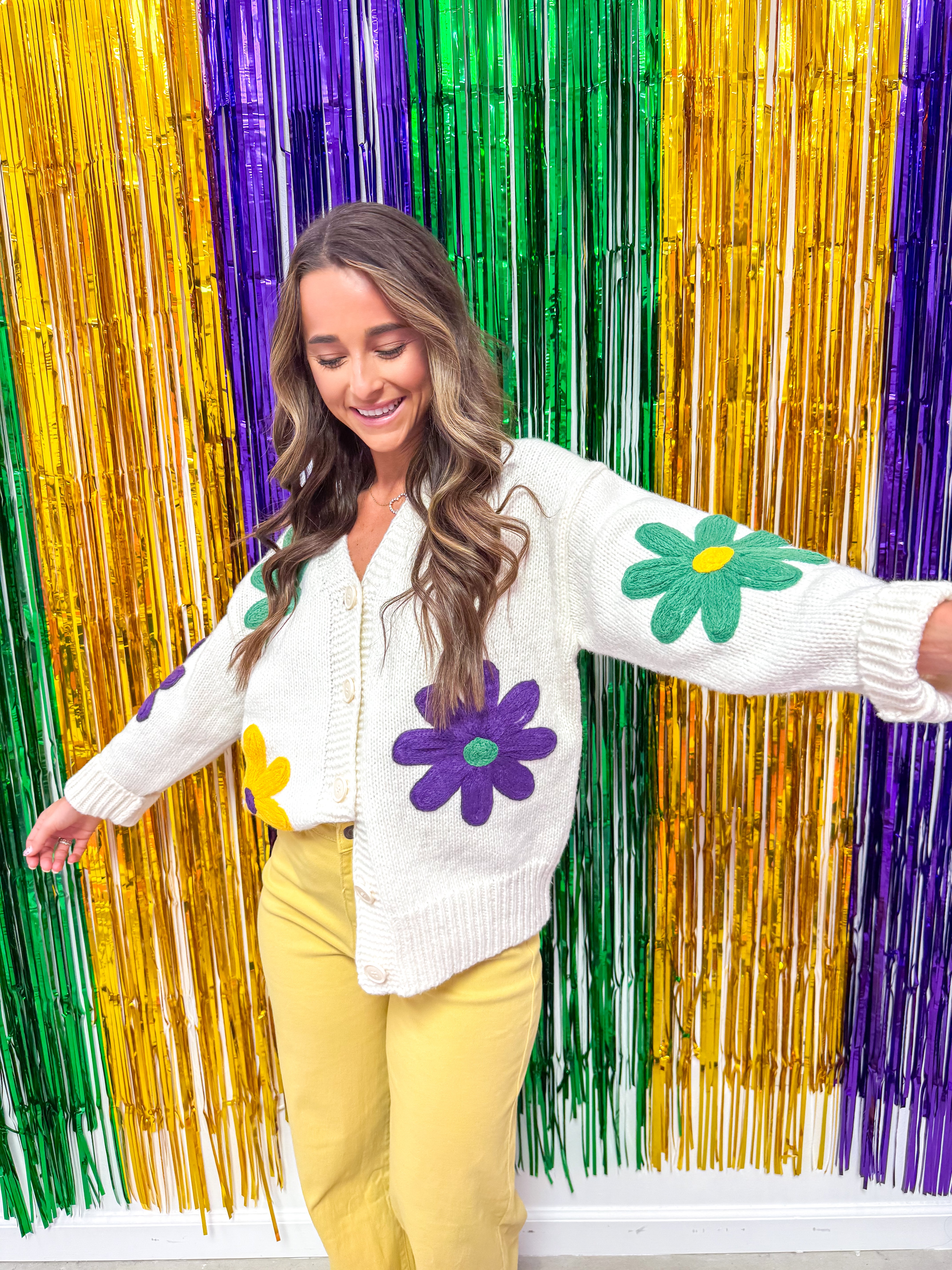 Mardi Gras Flower Cardigan