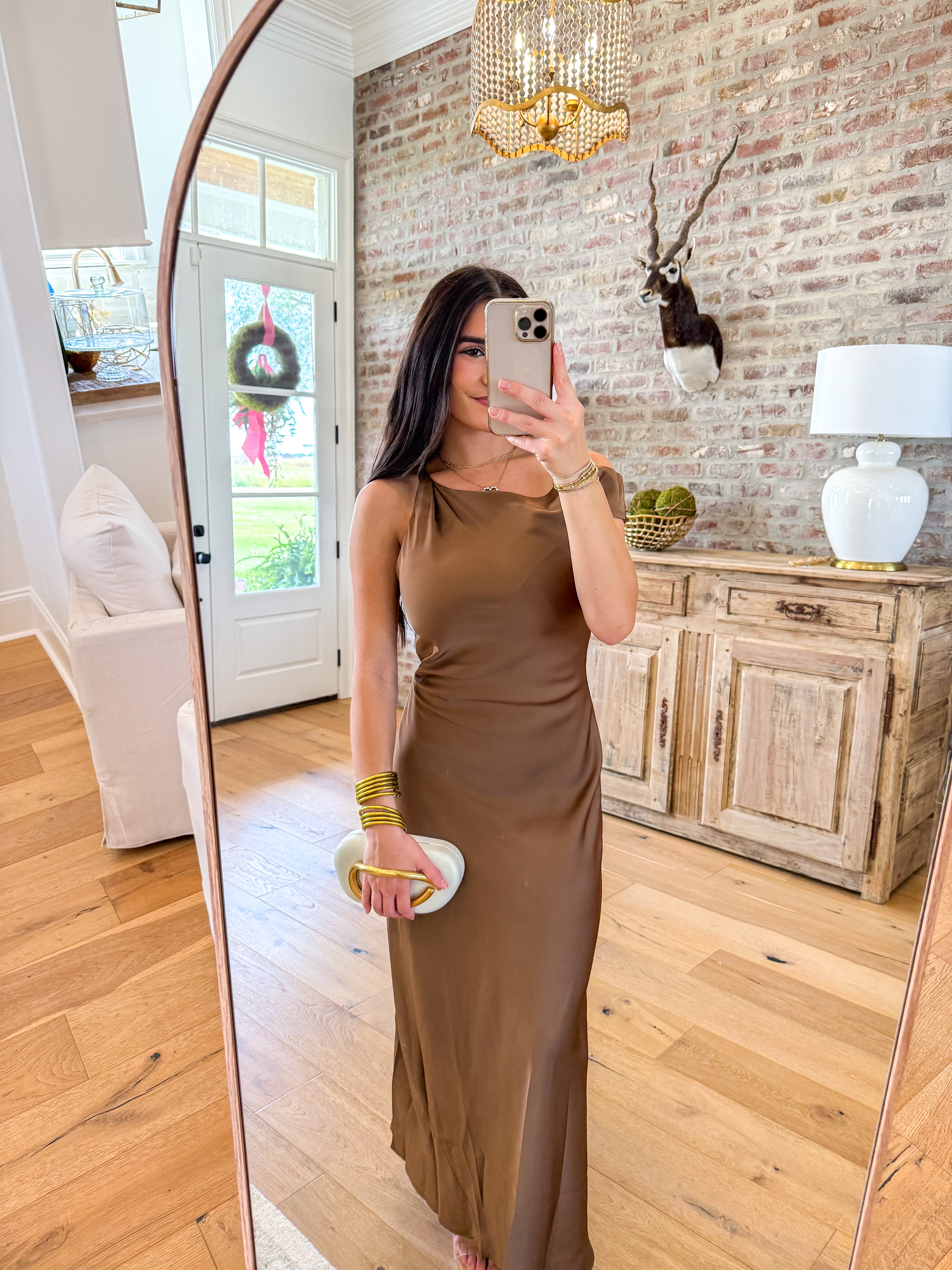 The Bronze Hour One-Shoulder Satin Maxi Dress