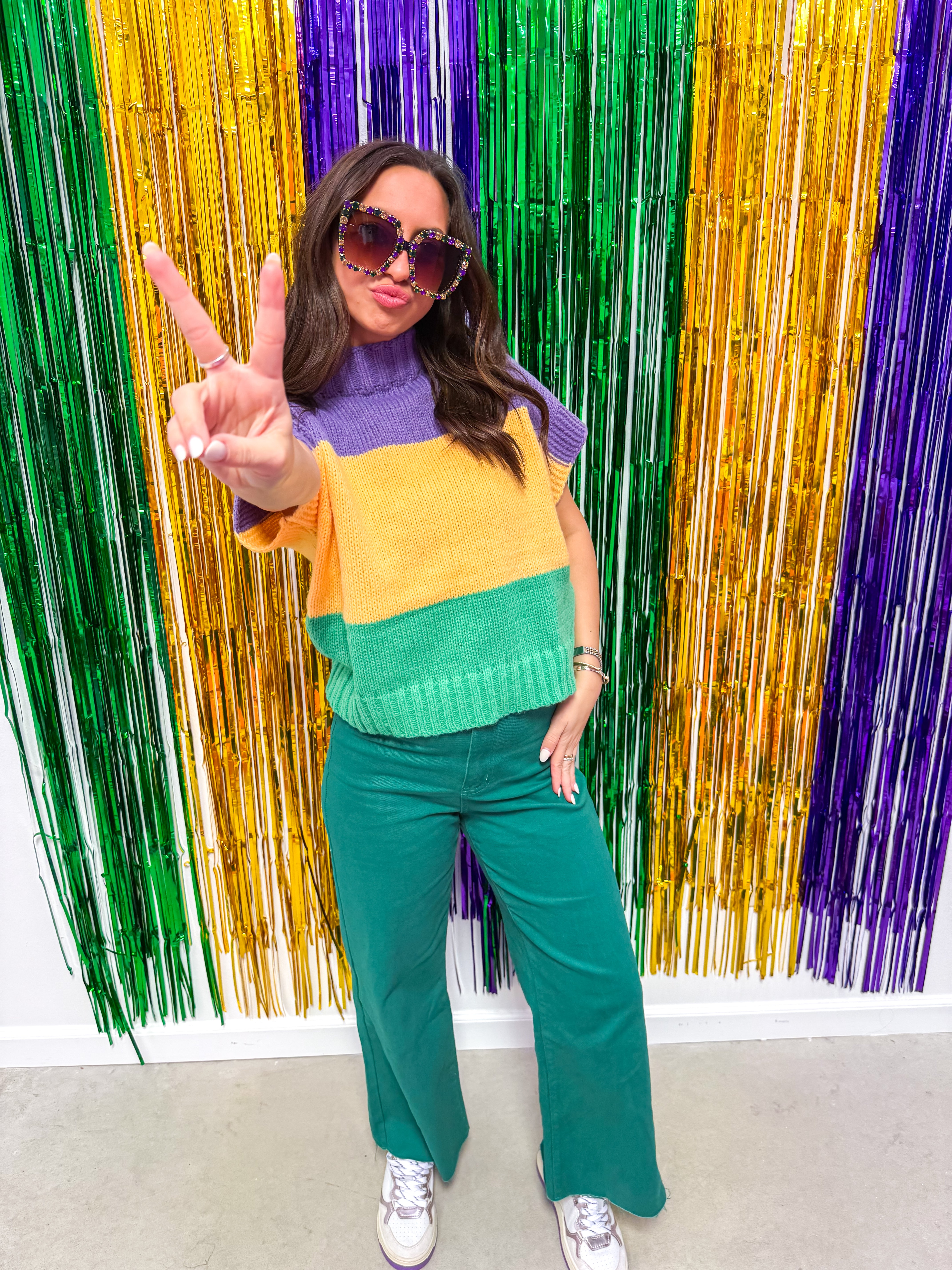 Mardi Gras Colorblock Drop Shoulder Sweater Top